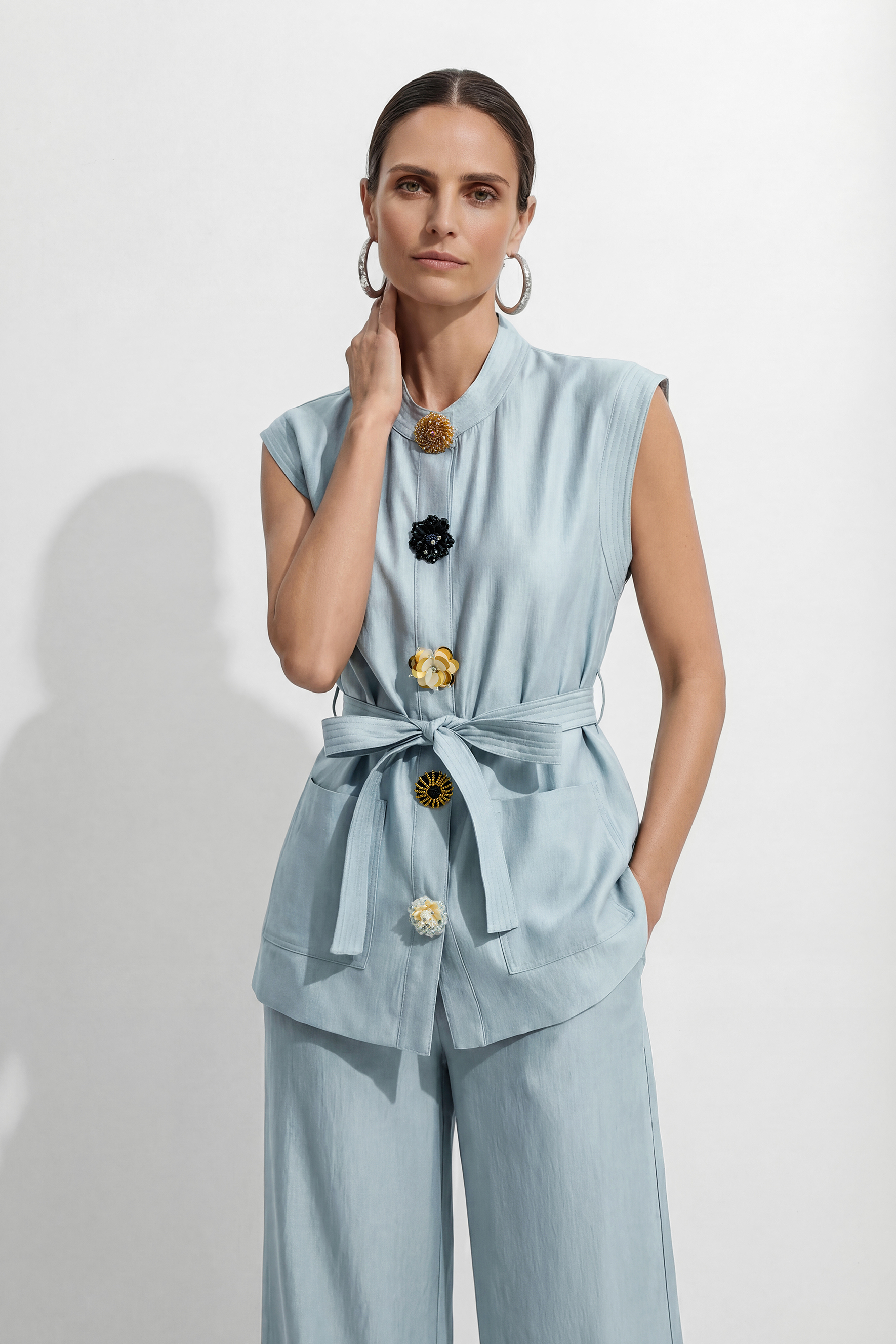 Simple Feeling Blue Floral Button & Wide Leg Pants Set