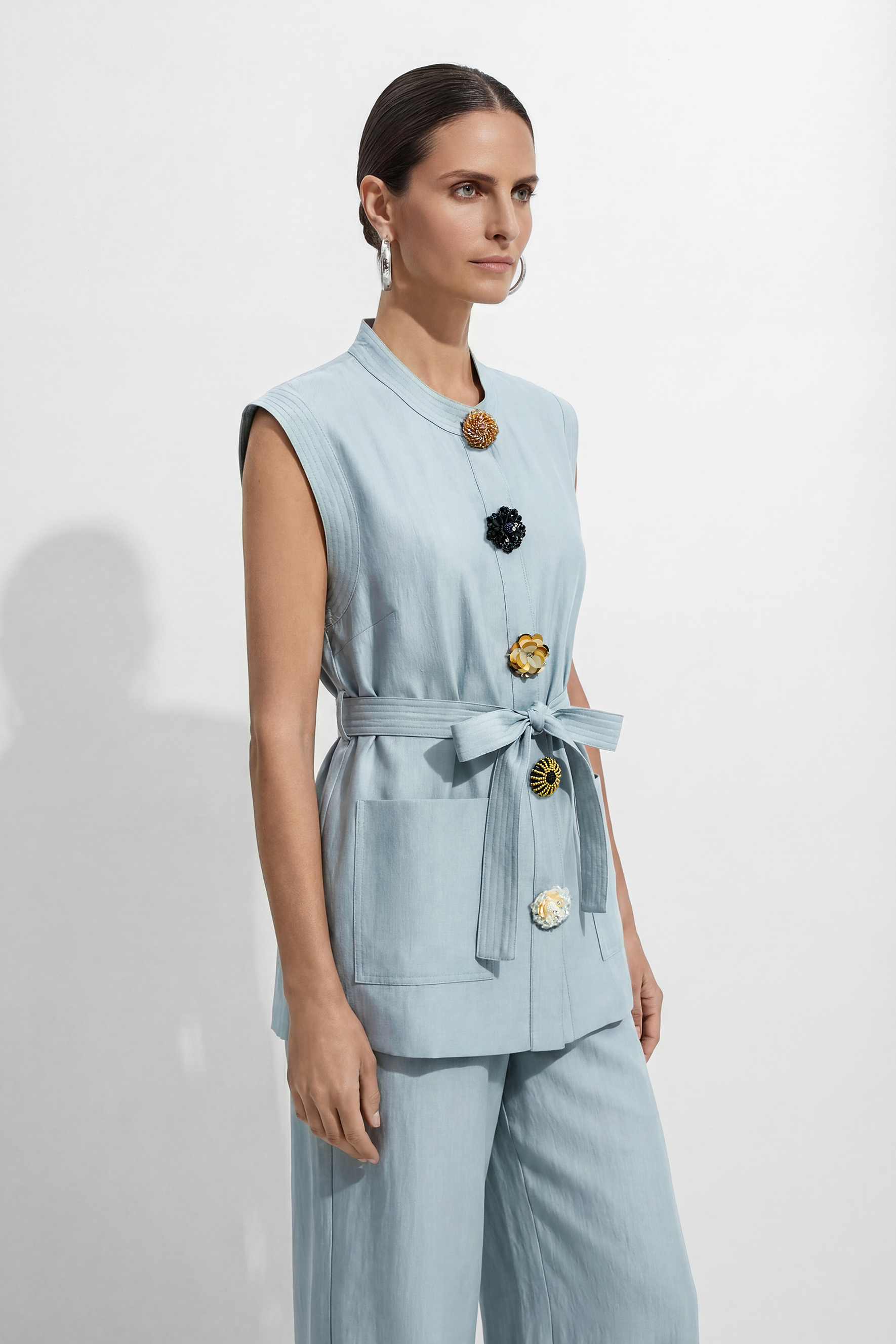 Simple Feeling Blue Floral Button & Wide Leg Pants Set