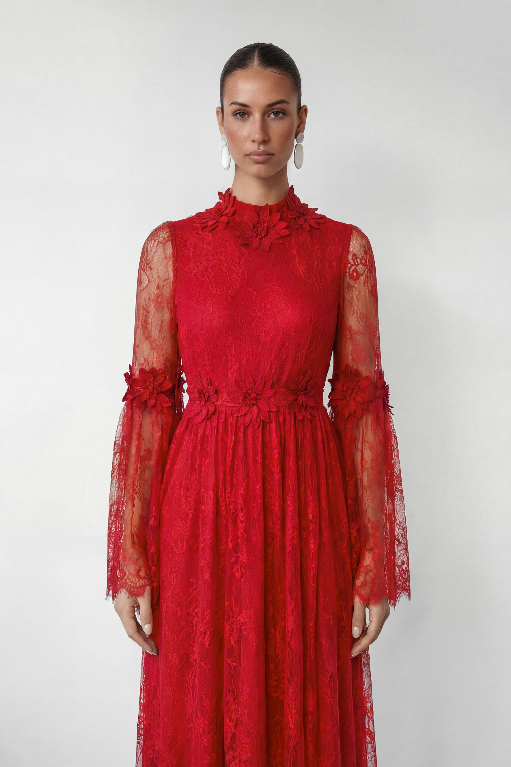 Meet Me Tonight Red Floral Applique Lace Maxi Dress