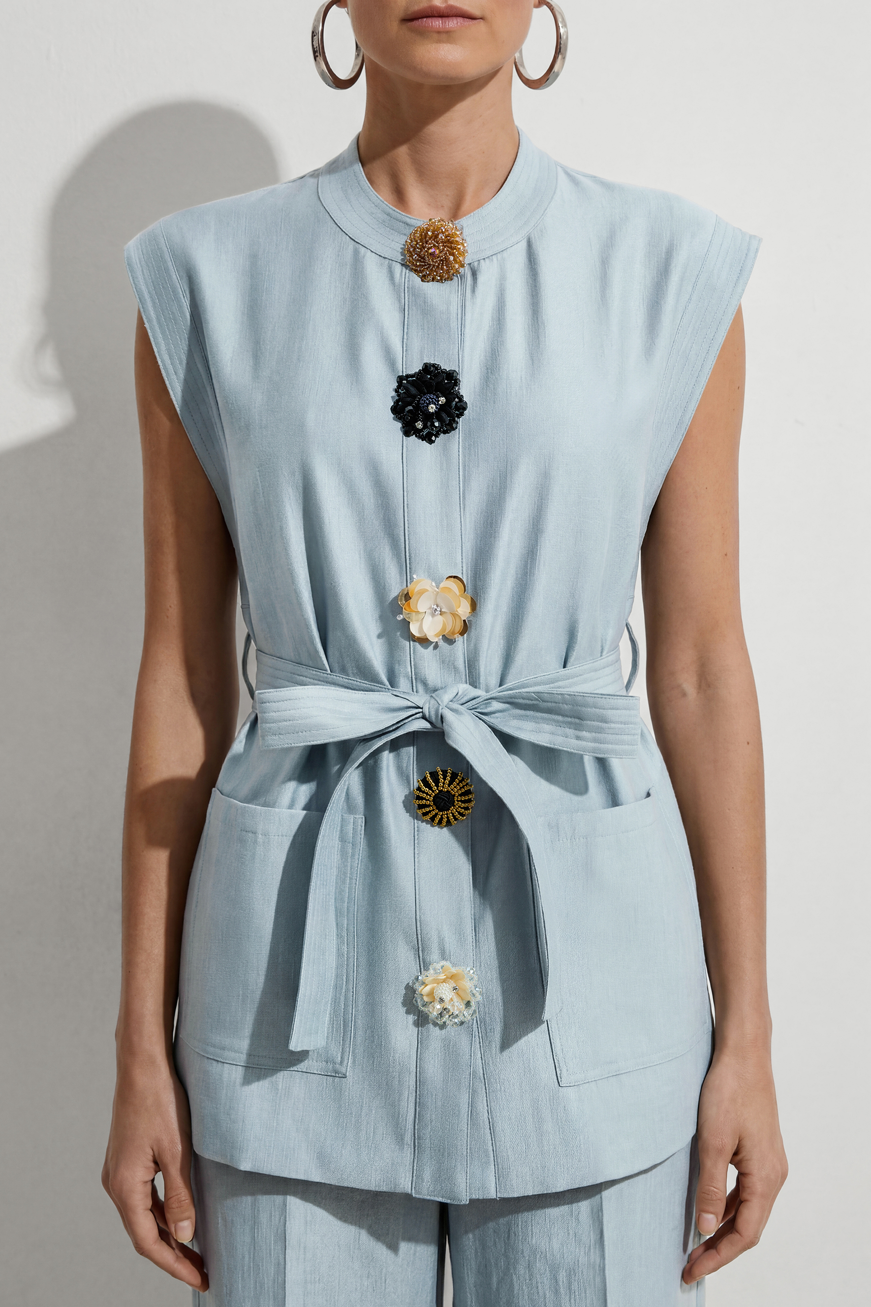 Simple Feeling Blue Floral Button & Wide Leg Pants Set