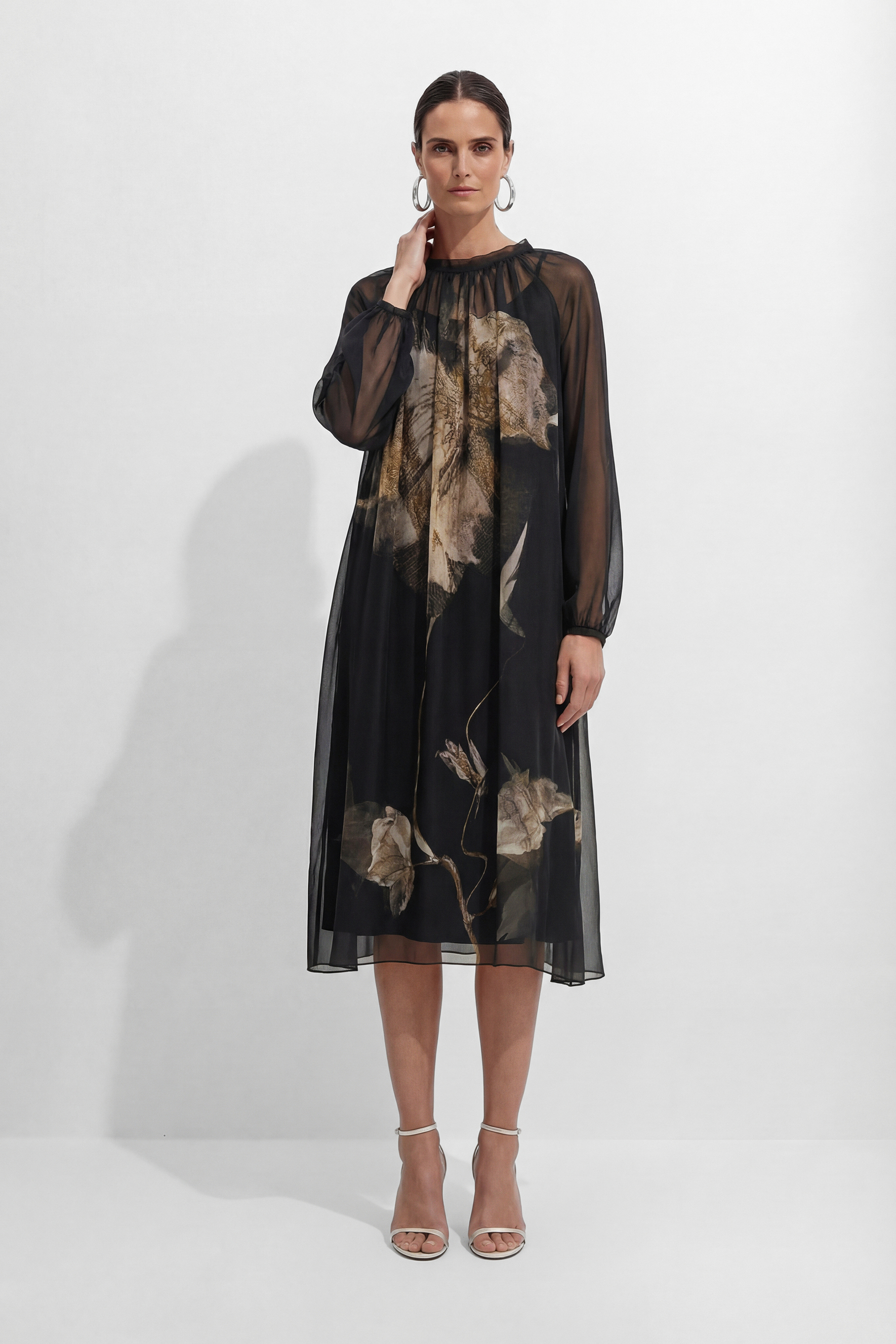 Night Fairy Black Floral Print Tulle Midi Dress