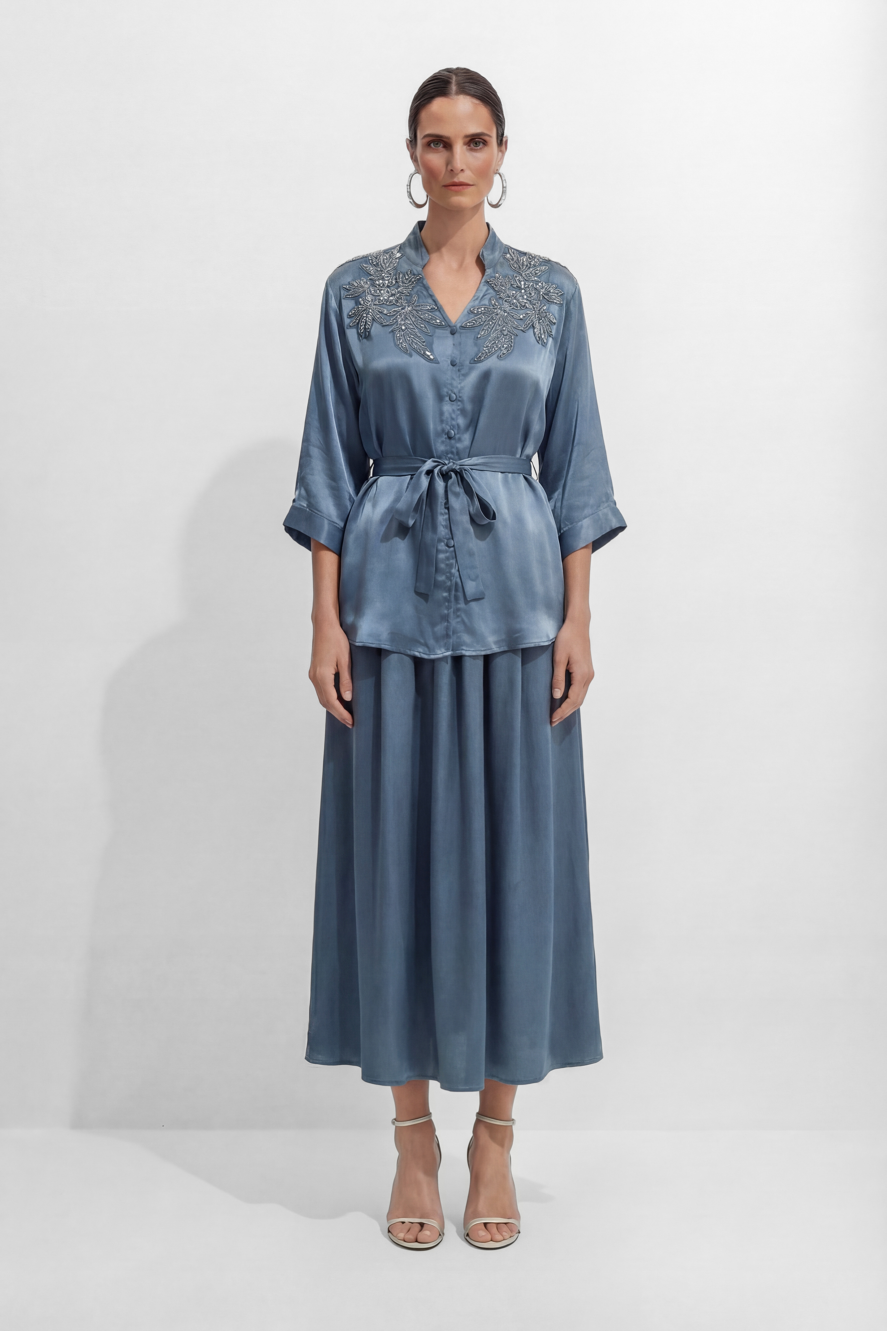 Luminous Elegance Blue Beaded Floral V-Neck Top & Skirt Set