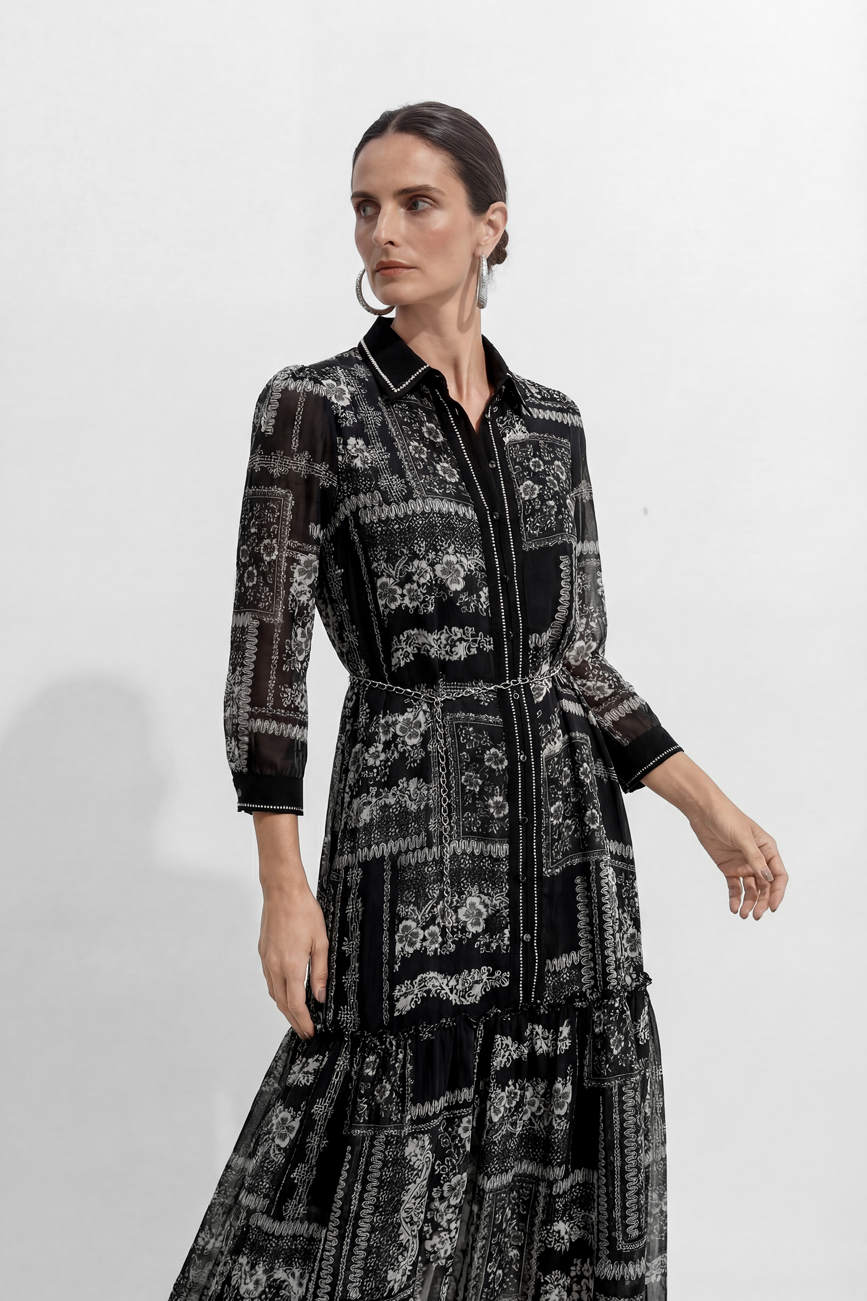 Midnight Bloom Black Floral Print Tiered Midi Dress