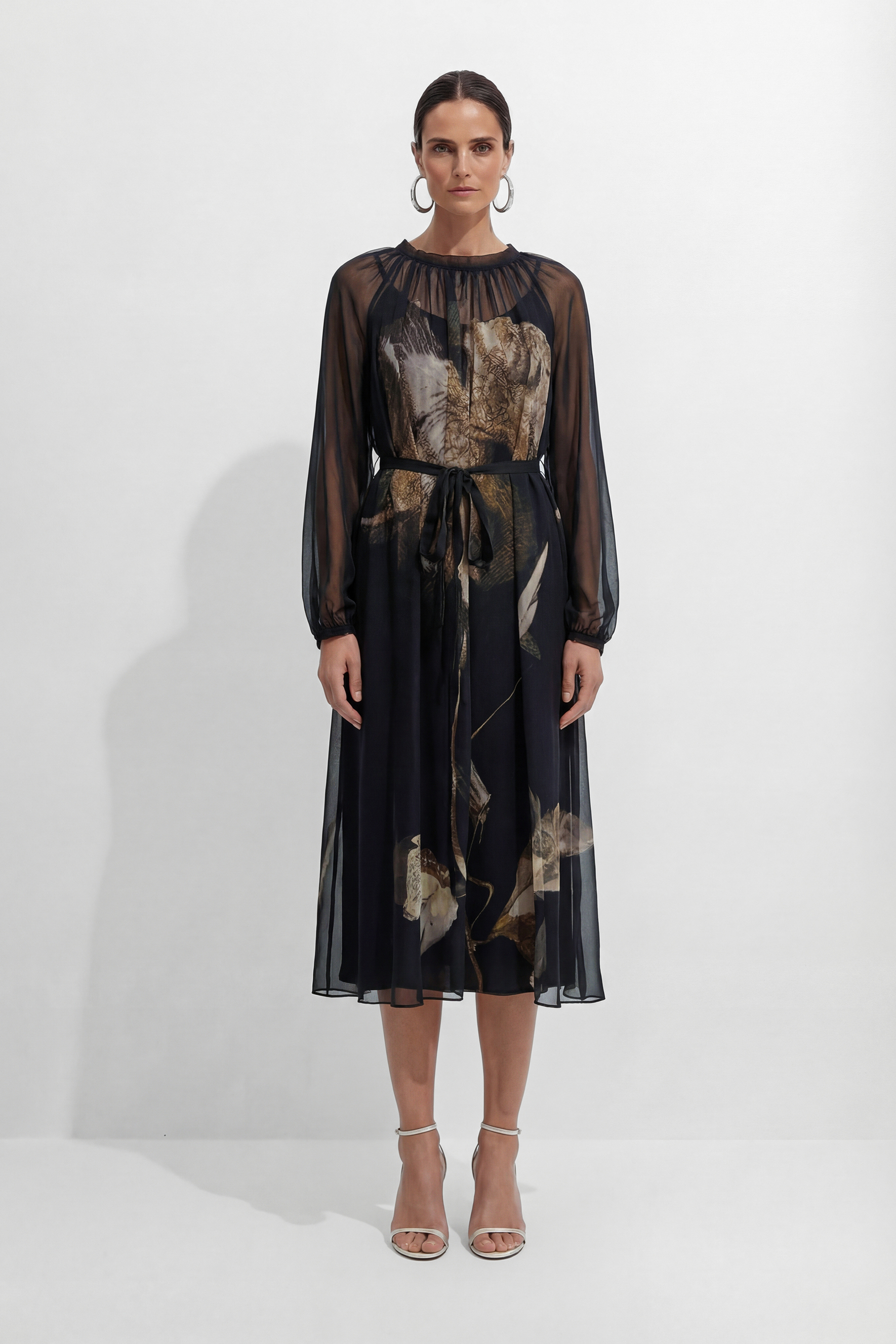 Night Fairy Black Floral Print Tulle Midi Dress