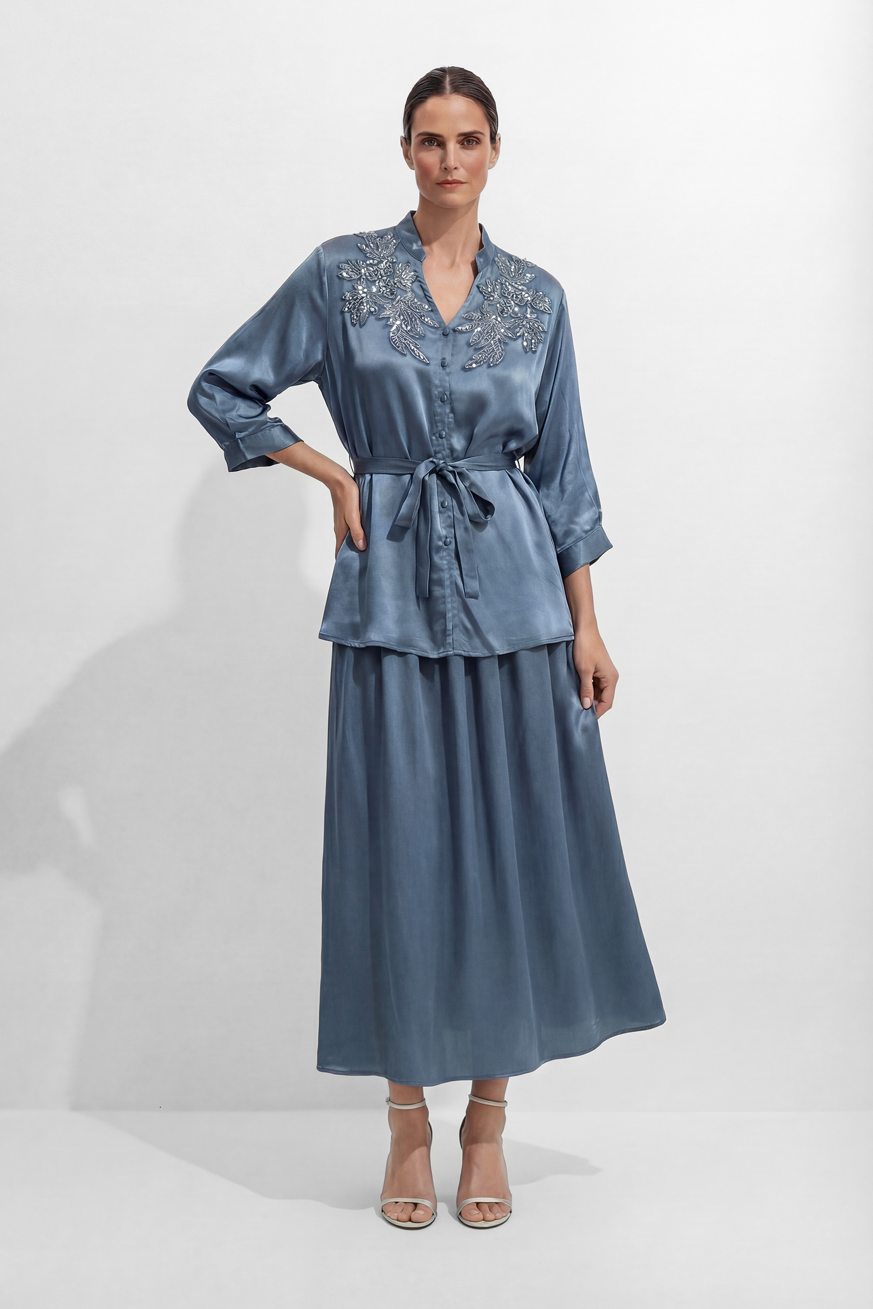 Luminous Elegance Blue Beaded Floral V-Neck Top & Skirt Set