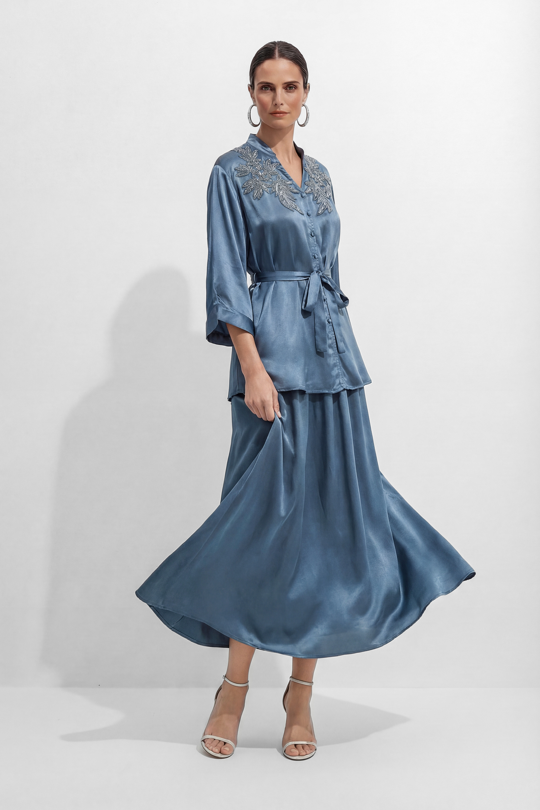 Luminous Elegance Blue Beaded Floral V-Neck Top & Skirt Set