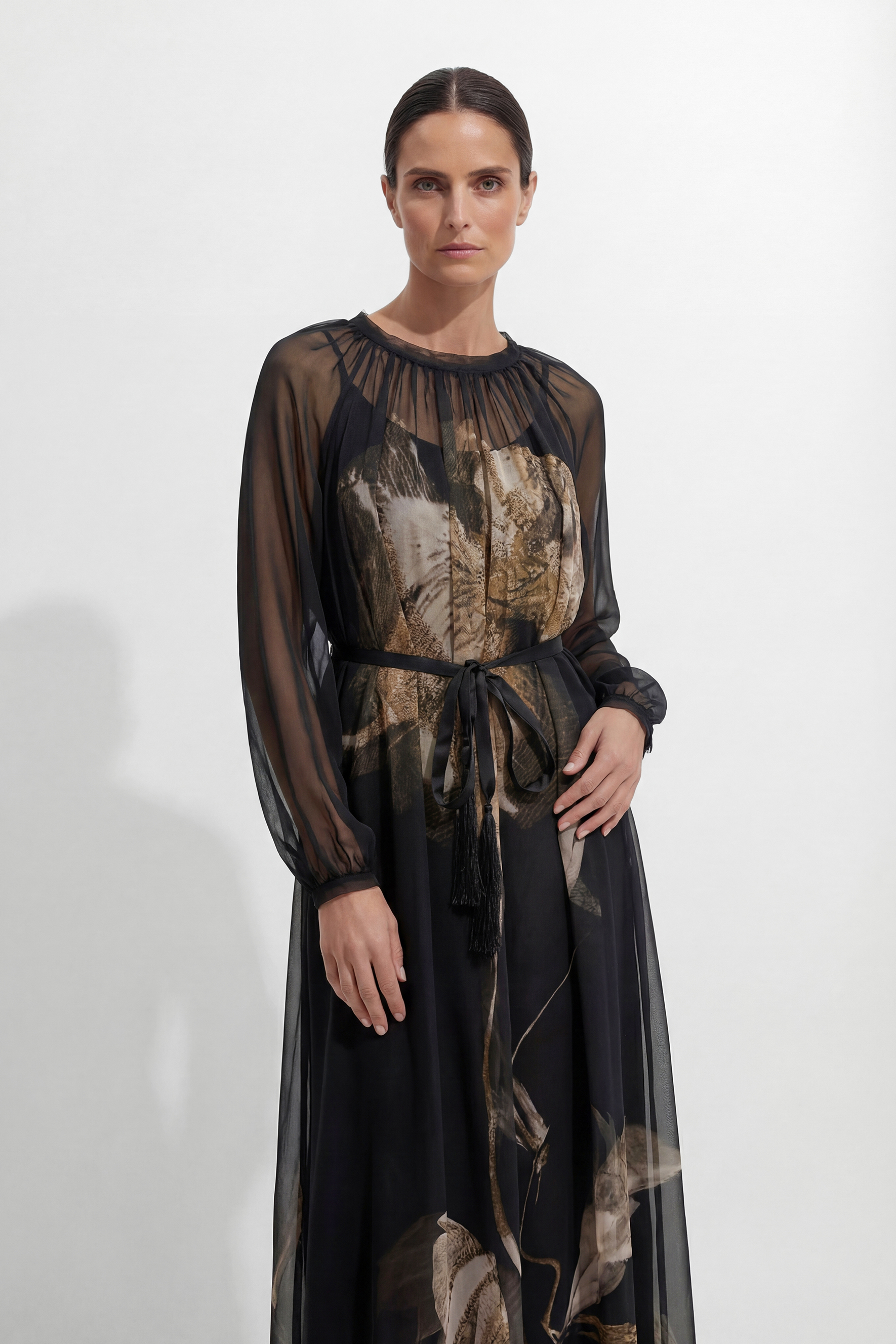 Night Fairy Black Floral Print Tulle Midi Dress