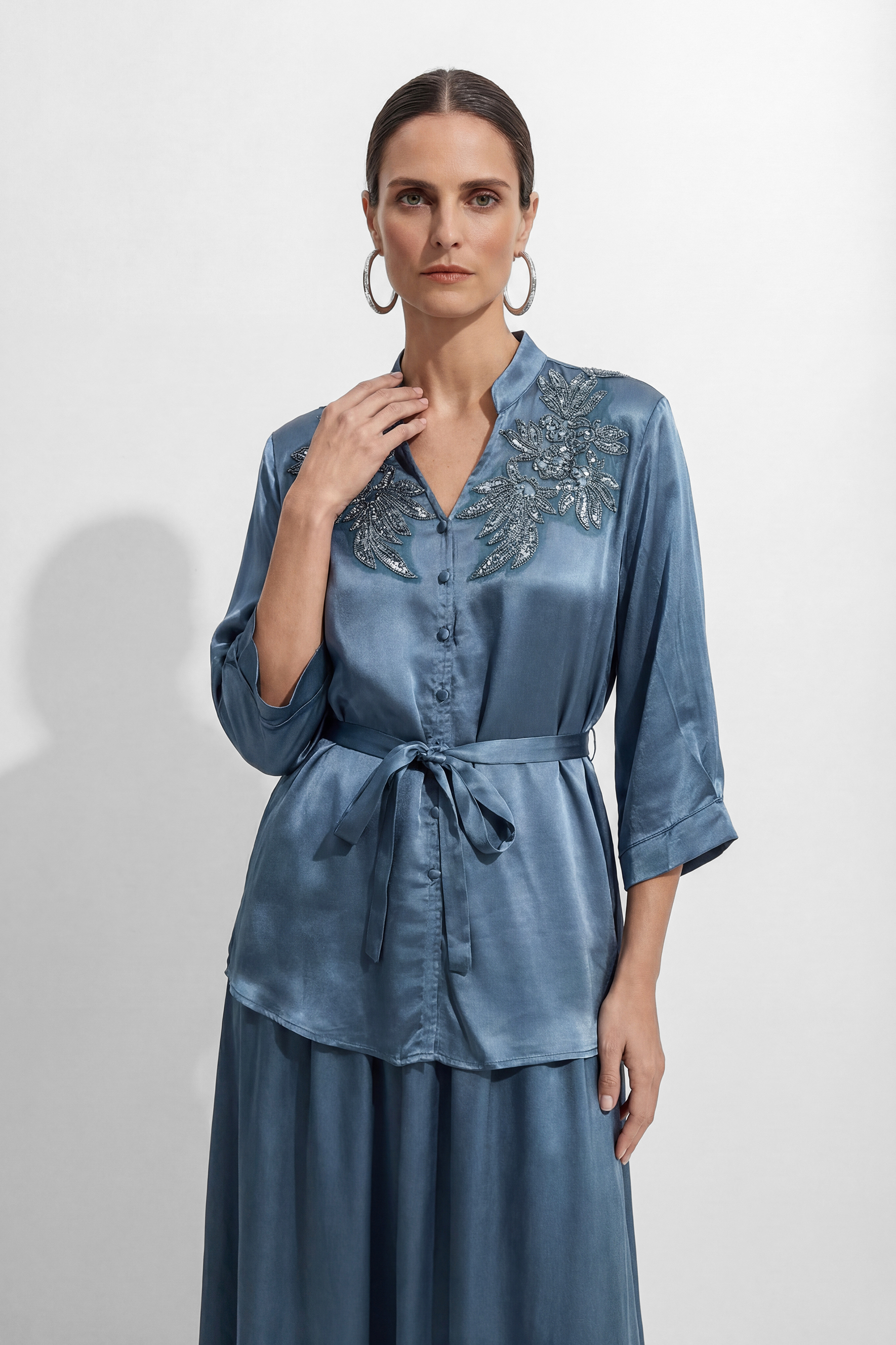 Luminous Elegance Blue Beaded Floral V-Neck Top & Skirt Set