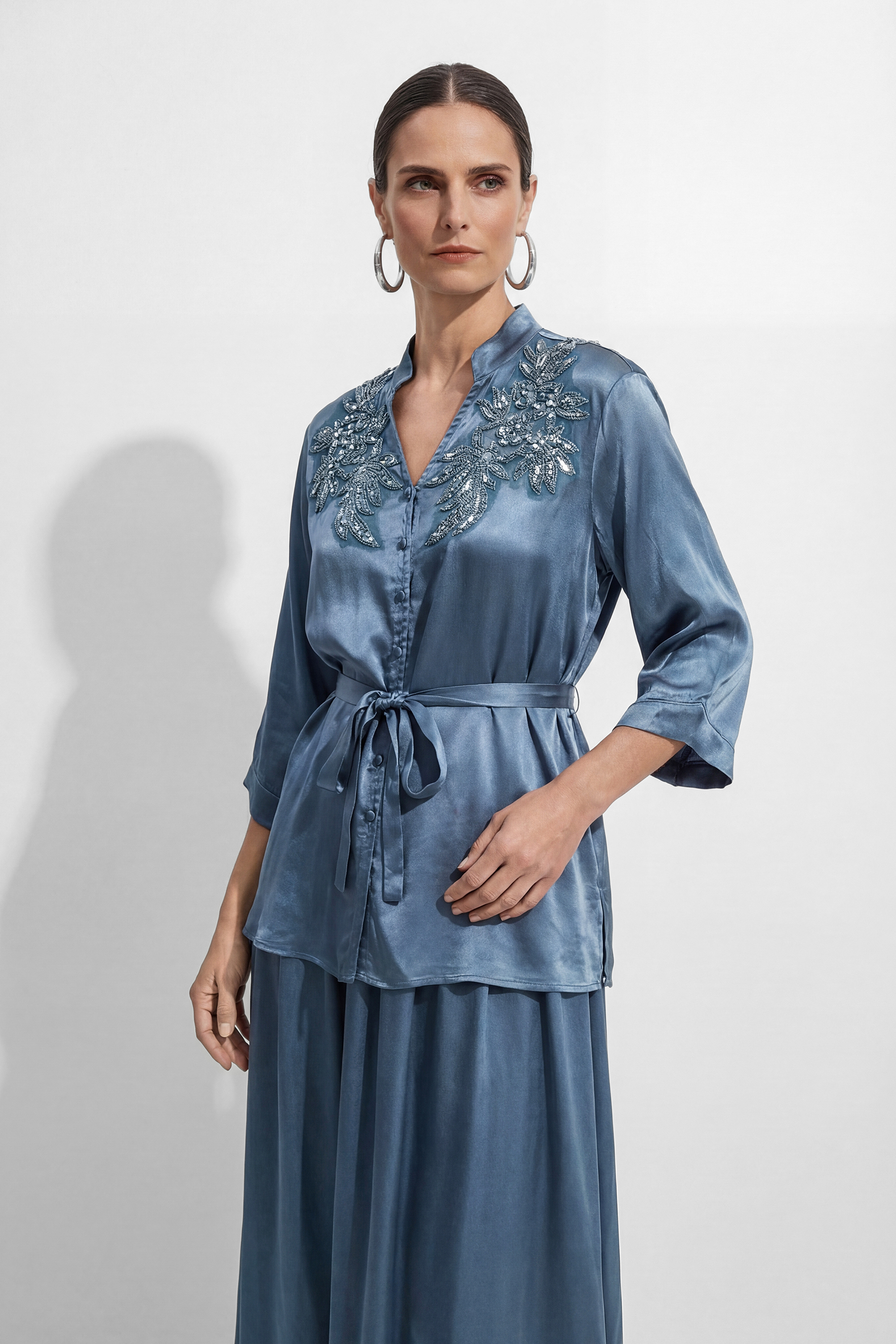 Luminous Elegance Blue Beaded Floral V-Neck Top & Skirt Set