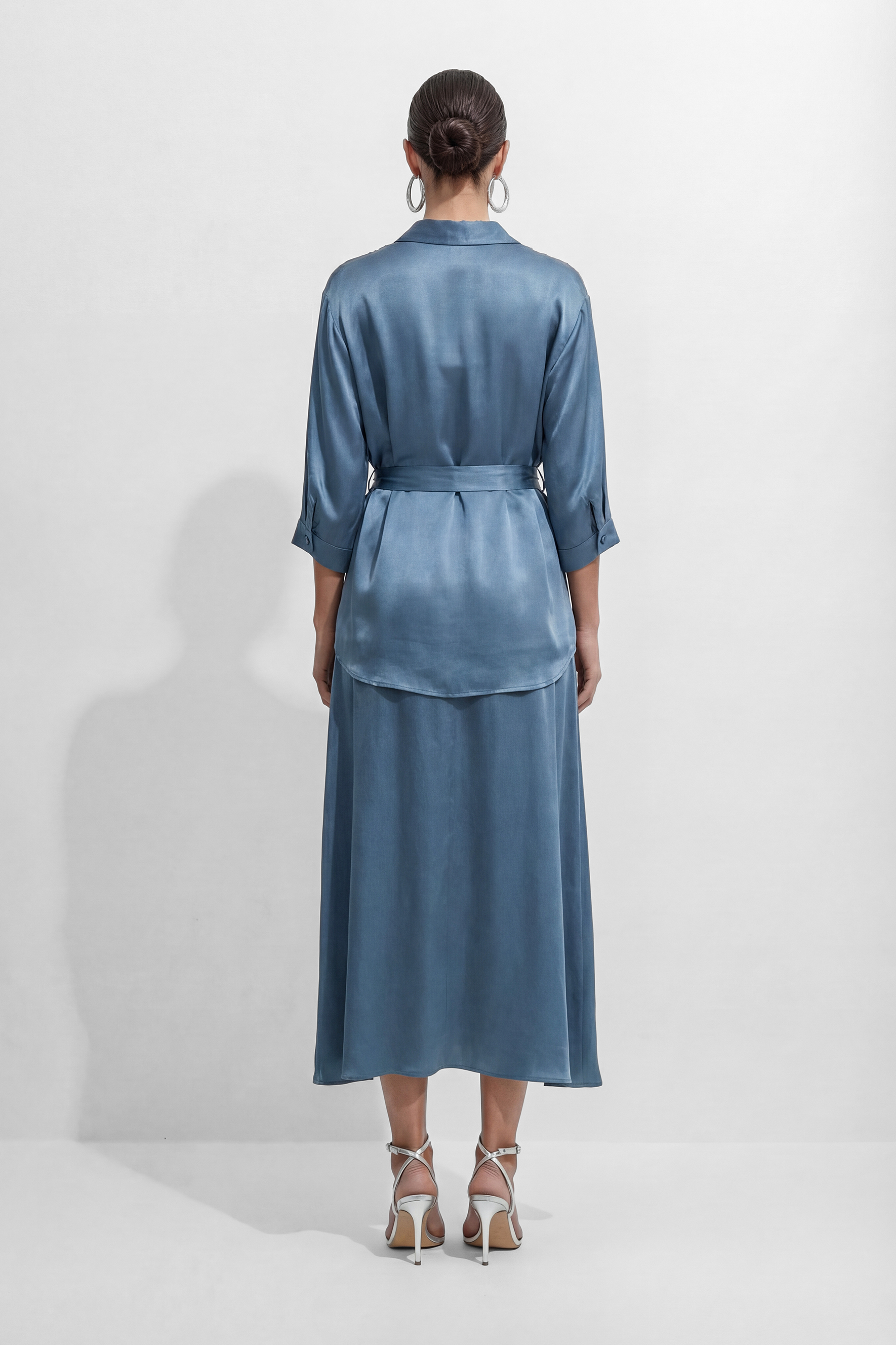 Luminous Elegance Blue Beaded Floral V-Neck Top & Skirt Set