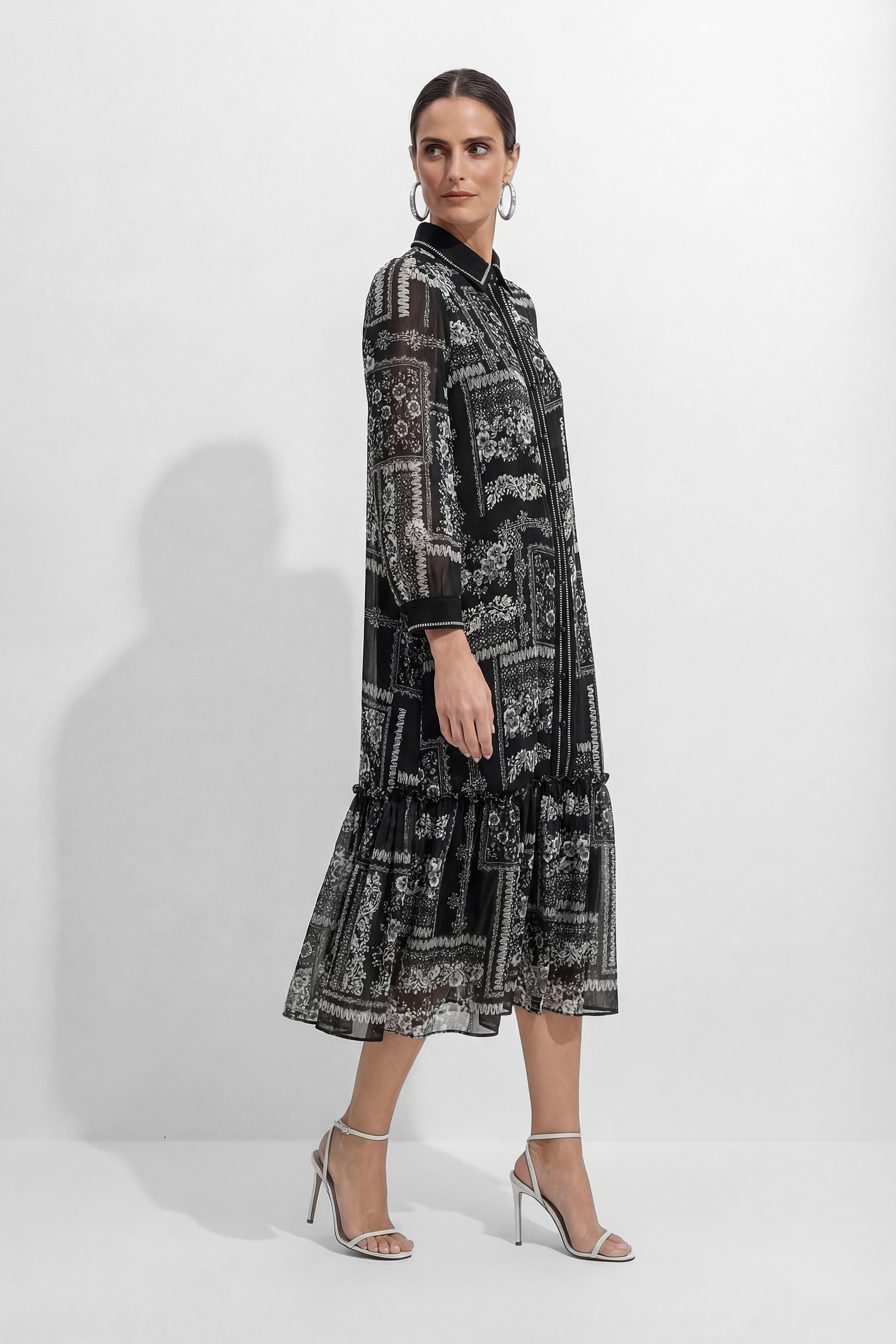 Midnight Bloom Black Floral Print Tiered Midi Dress