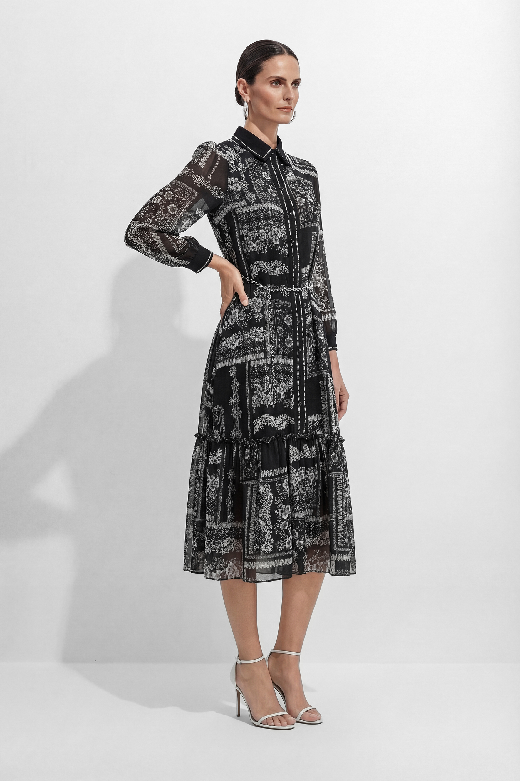 Midnight Bloom Black Floral Print Tiered Midi Dress