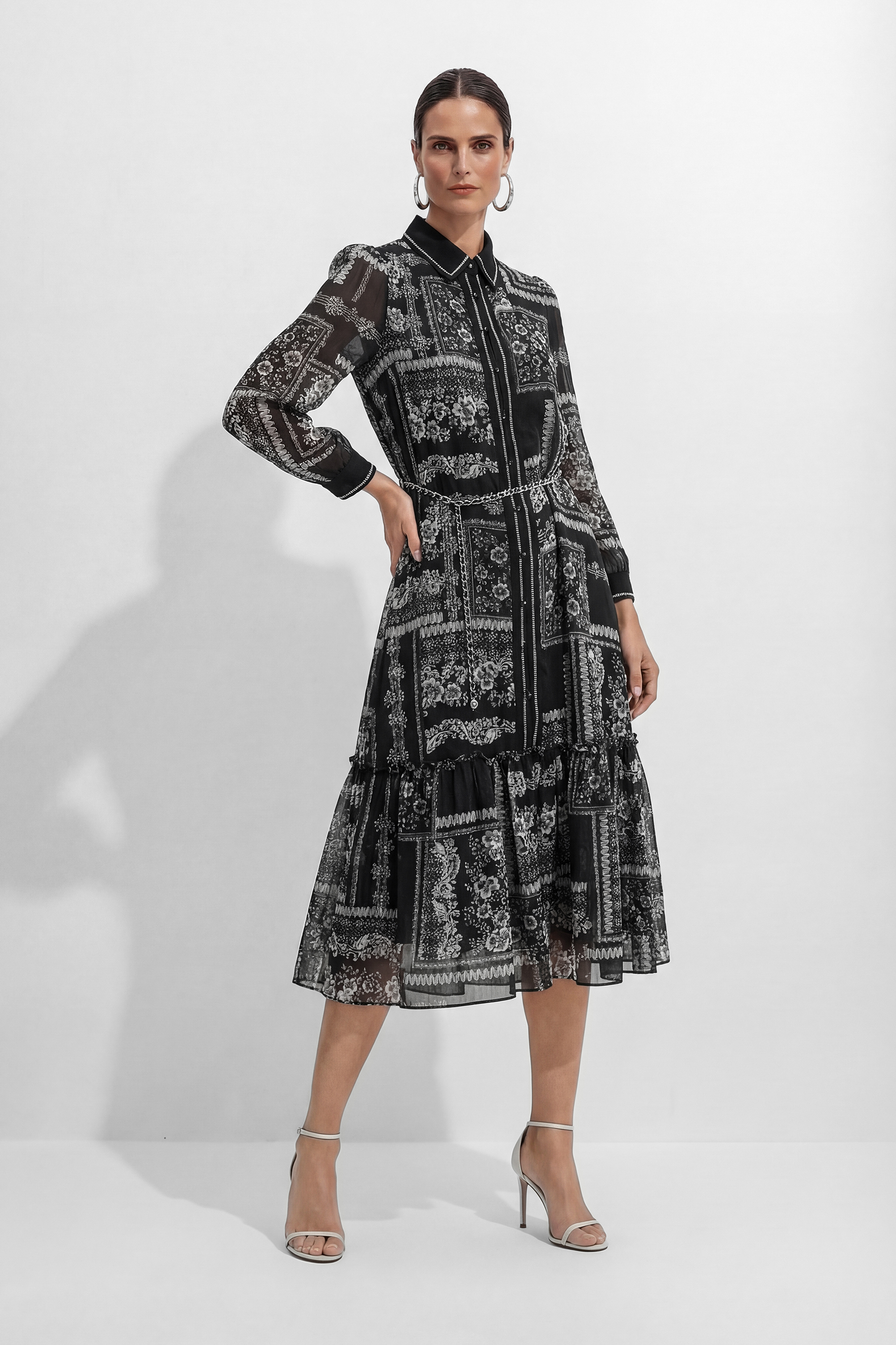 Midnight Bloom Black Floral Print Tiered Midi Dress