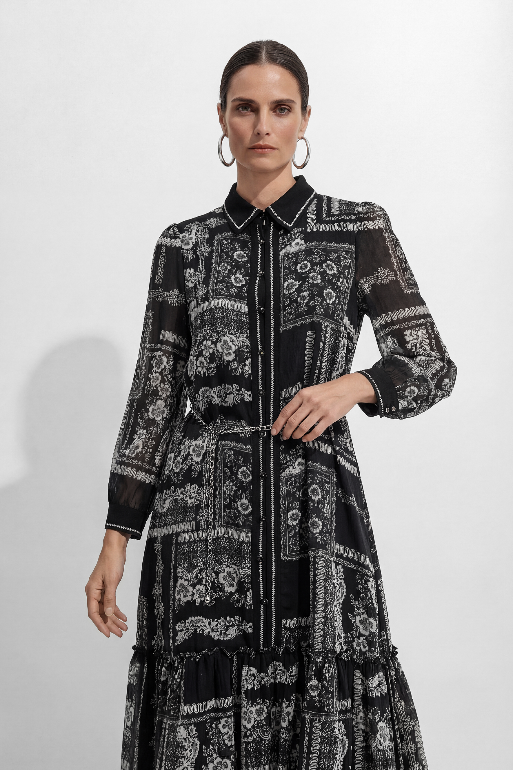 Midnight Bloom Black Floral Print Tiered Midi Dress