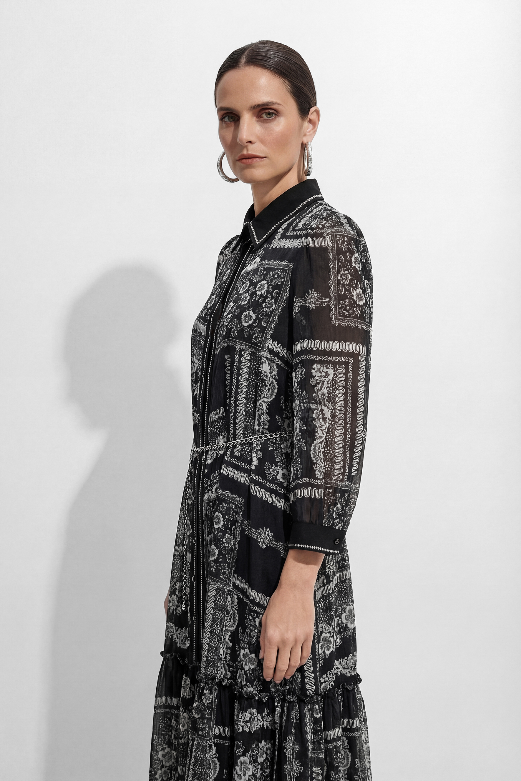 Midnight Bloom Black Floral Print Tiered Midi Dress