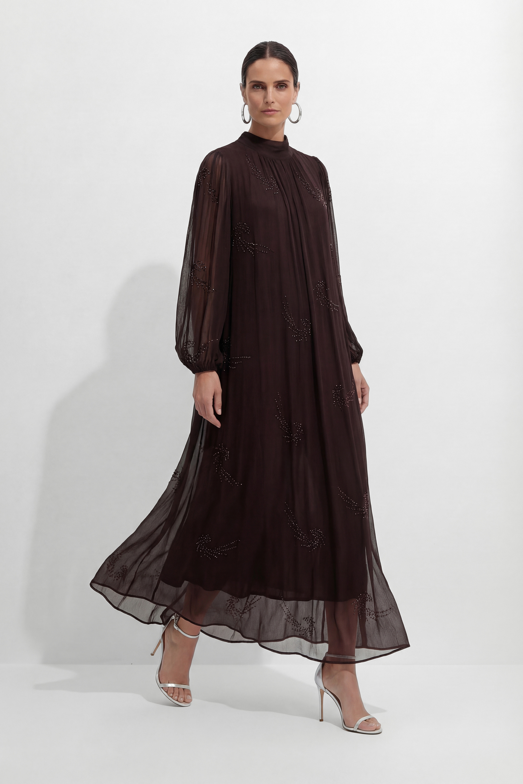 Slow Glamour Brown Rhinestone Embellished Silk Maxi Dress