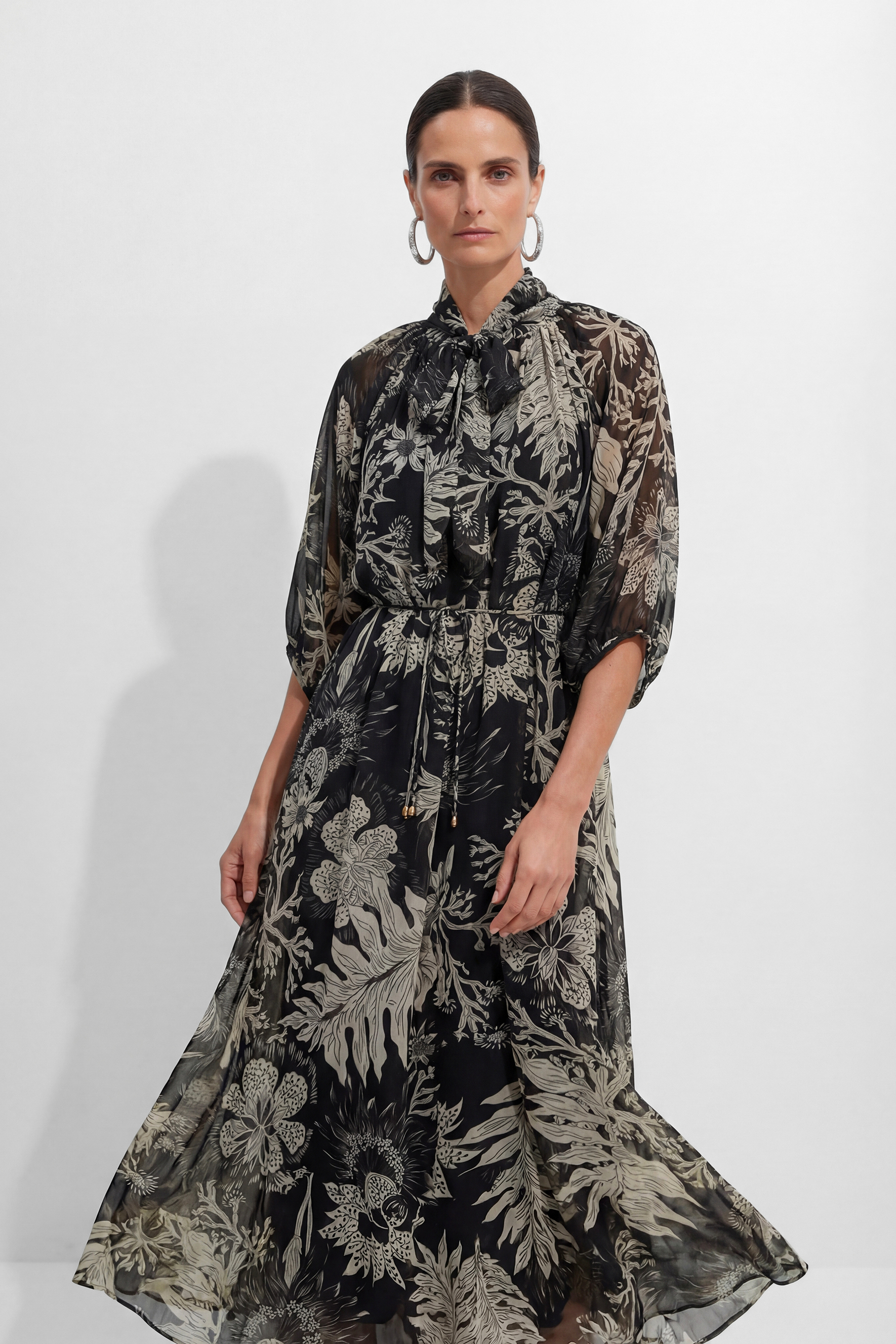 All Eyes On You Black Floral Print Tie Neck Maxi Dress