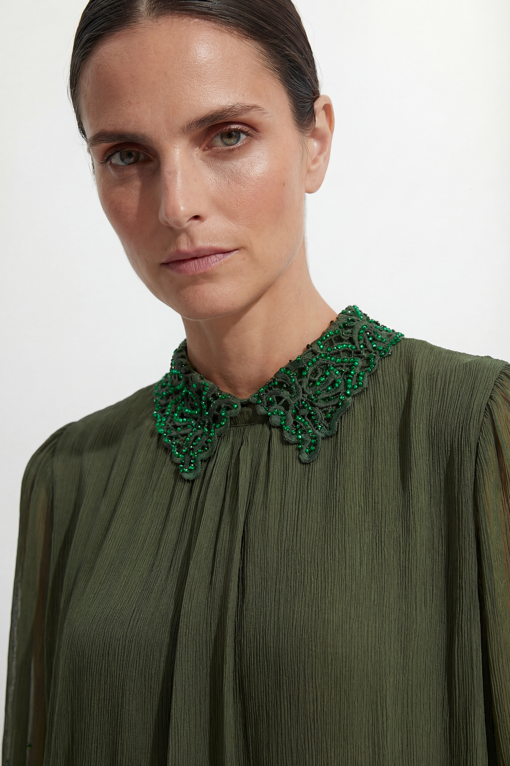 Brunch Date Green Silk Rhinestone Collar Top & Skirt Set