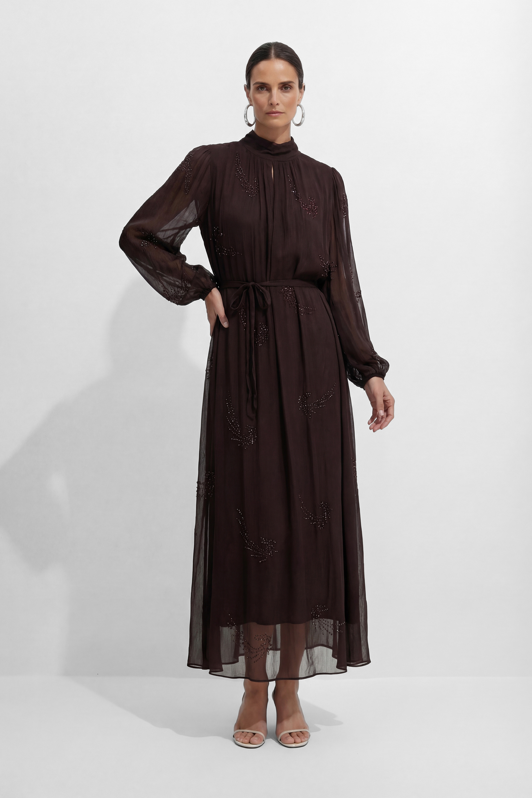 Slow Glamour Brown Rhinestone Embellished Silk Maxi Dress
