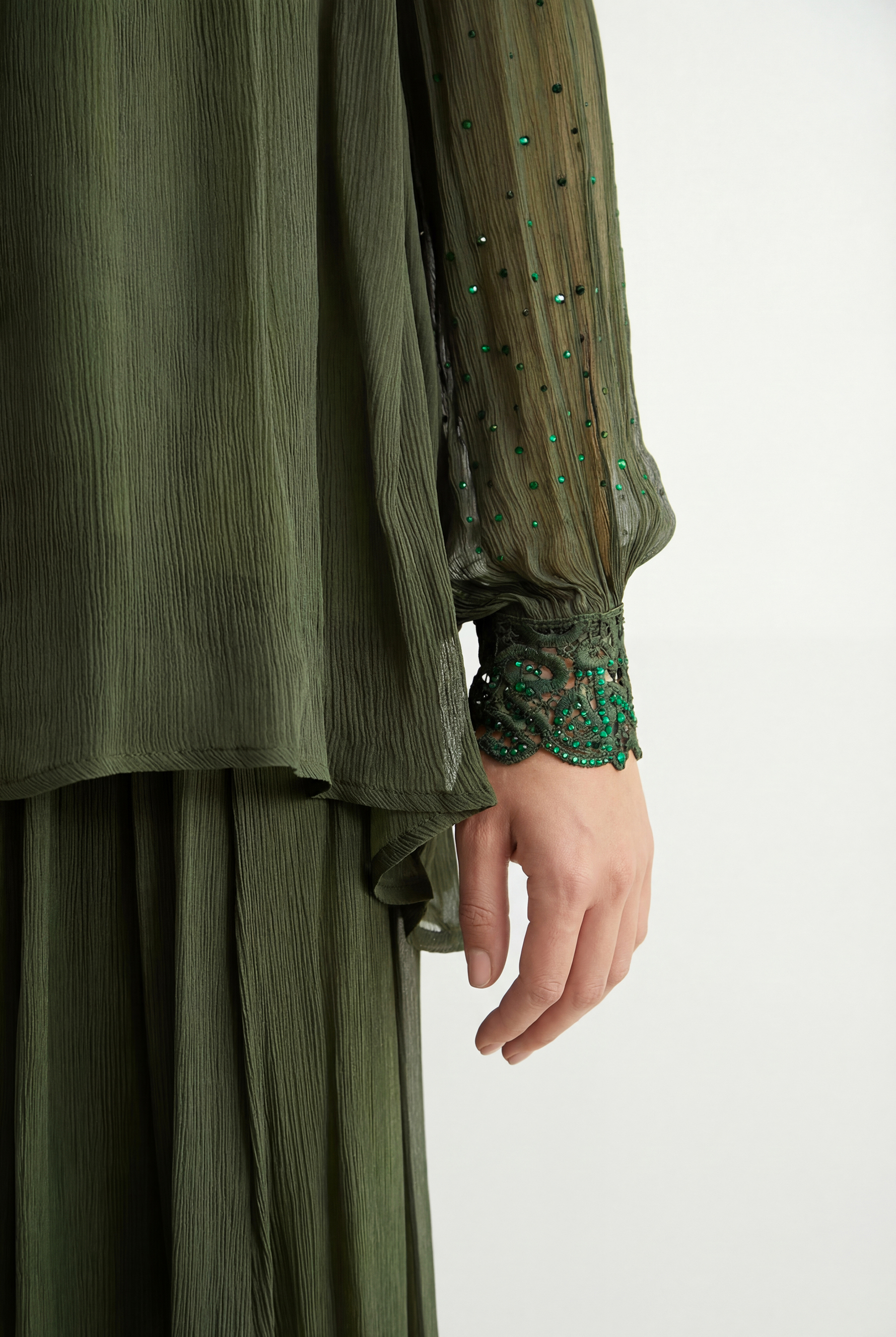 Brunch Date Green Silk Rhinestone Collar Top & Skirt Set