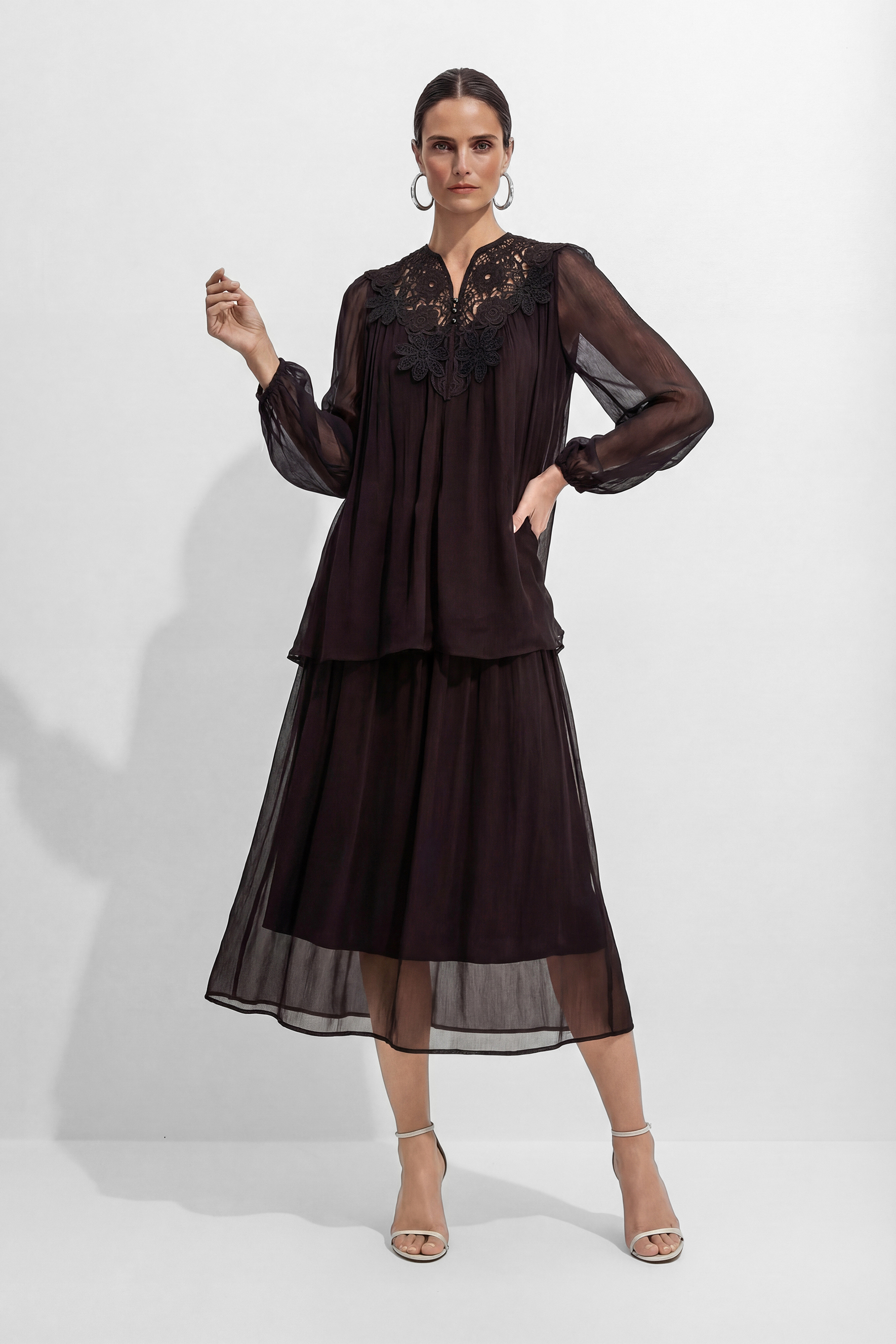 Made For Moments Brown Lace Embroidered Silk Top & Skirt Set