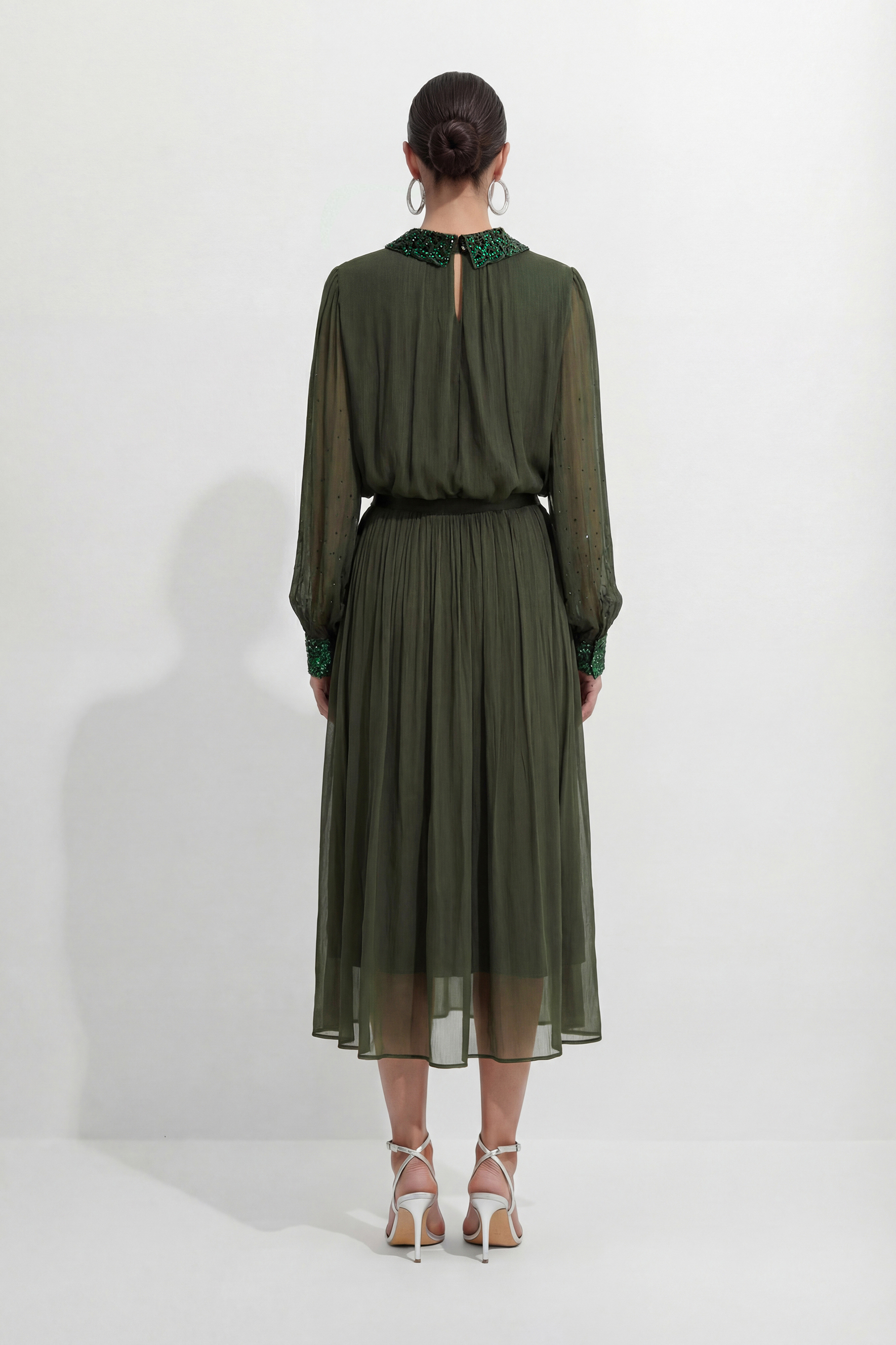 Brunch Date Green Silk Rhinestone Collar Top & Skirt Set