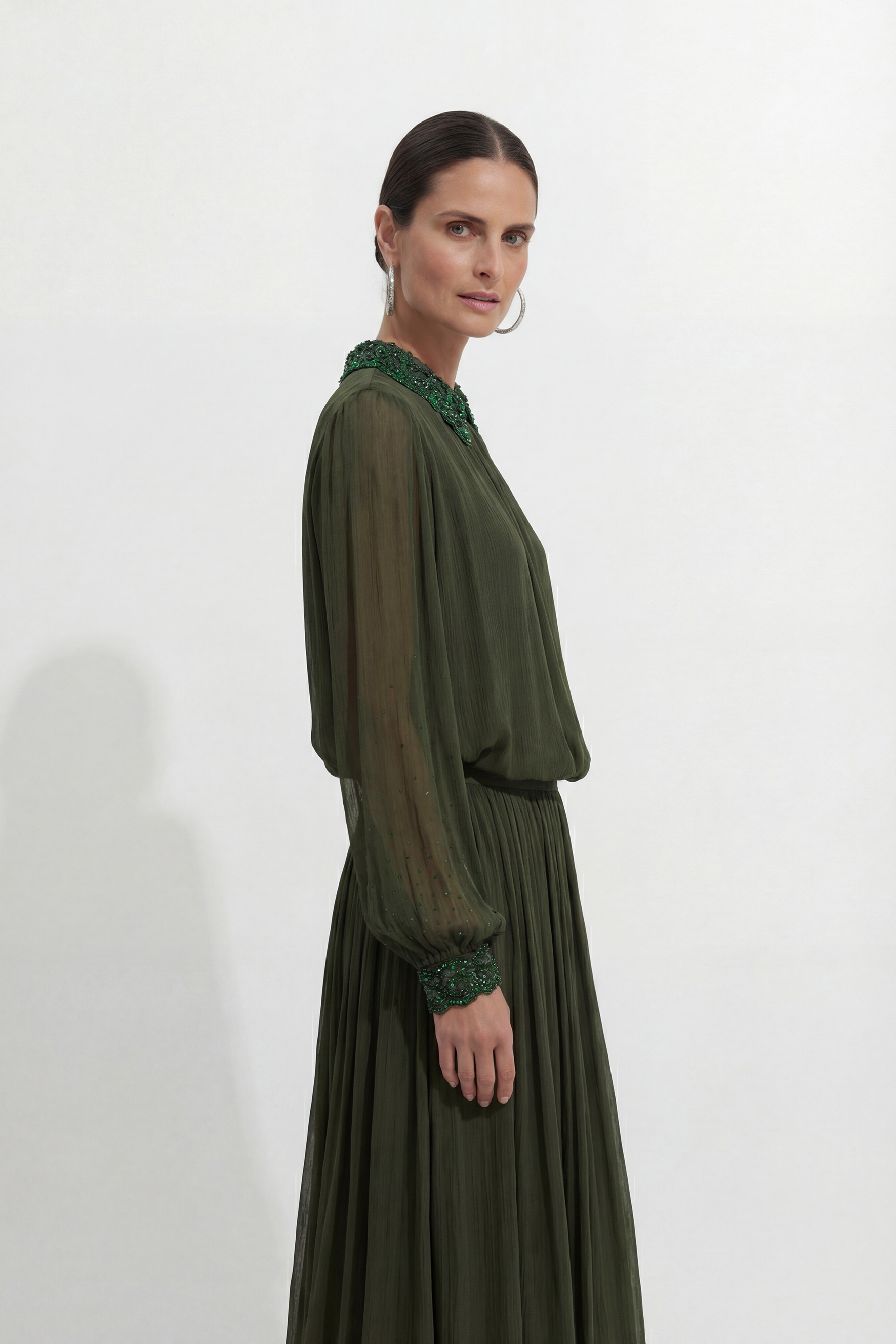 Brunch Date Green Silk Rhinestone Collar Top & Skirt Set