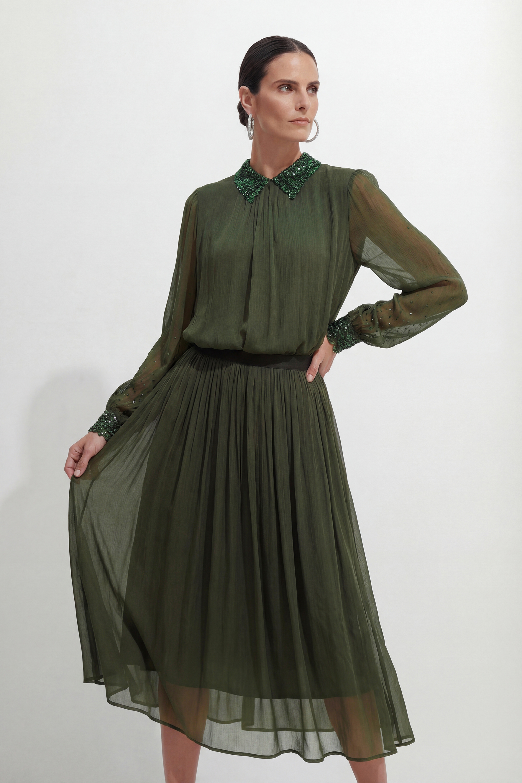 Brunch Date Green Silk Rhinestone Collar Top & Skirt Set