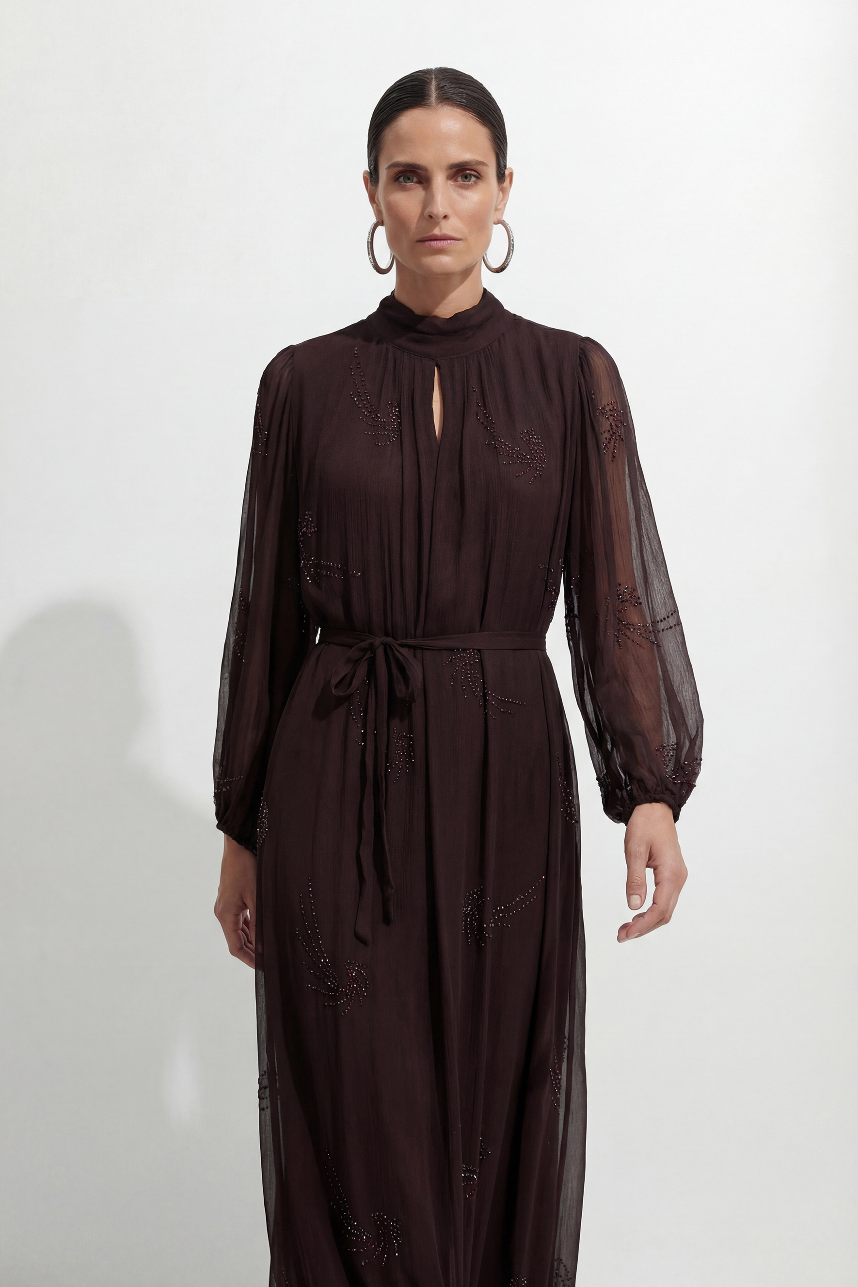 Slow Glamour Brown Rhinestone Embellished Silk Maxi Dress