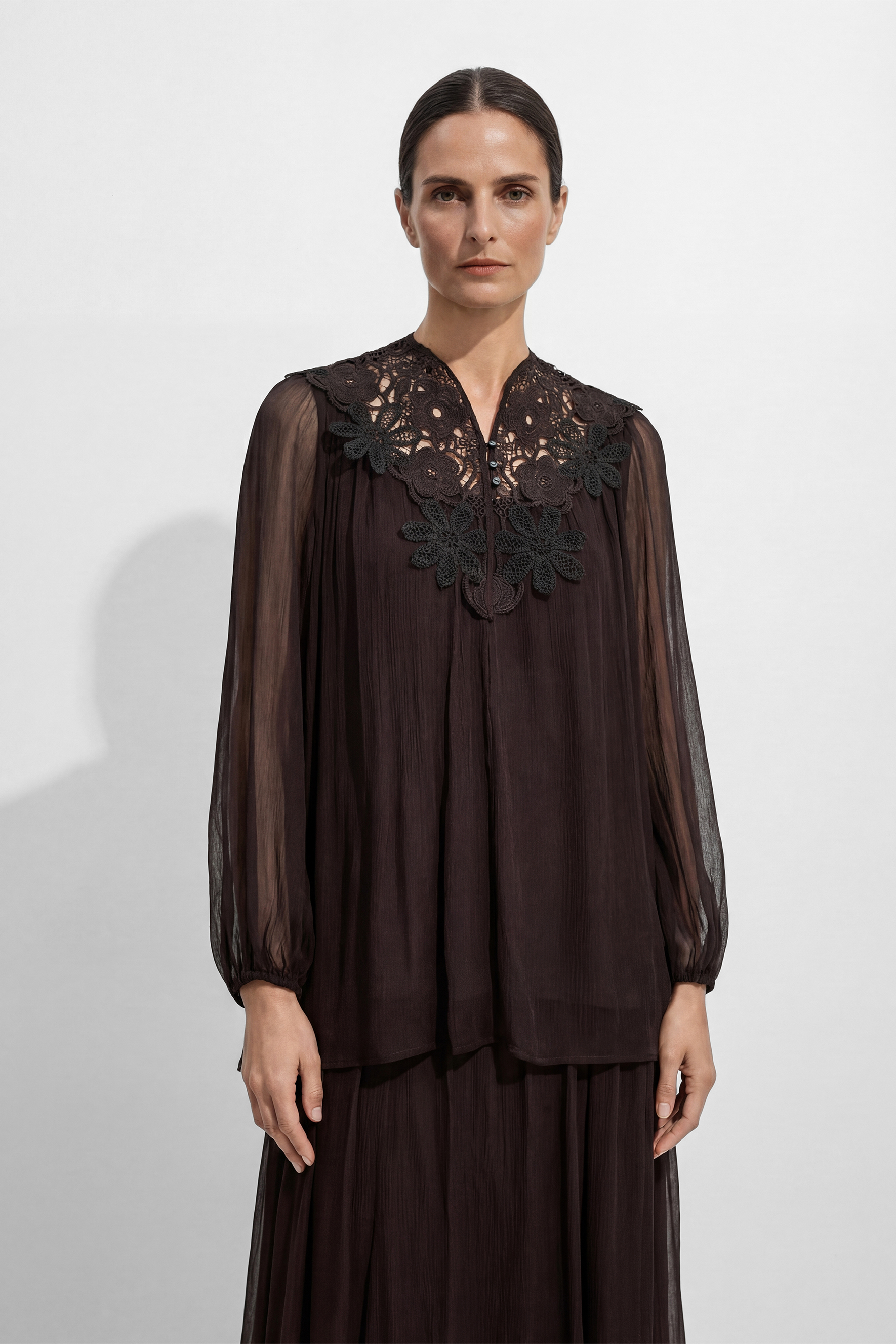 Made For Moments Brown Lace Embroidered Silk Top & Skirt Set