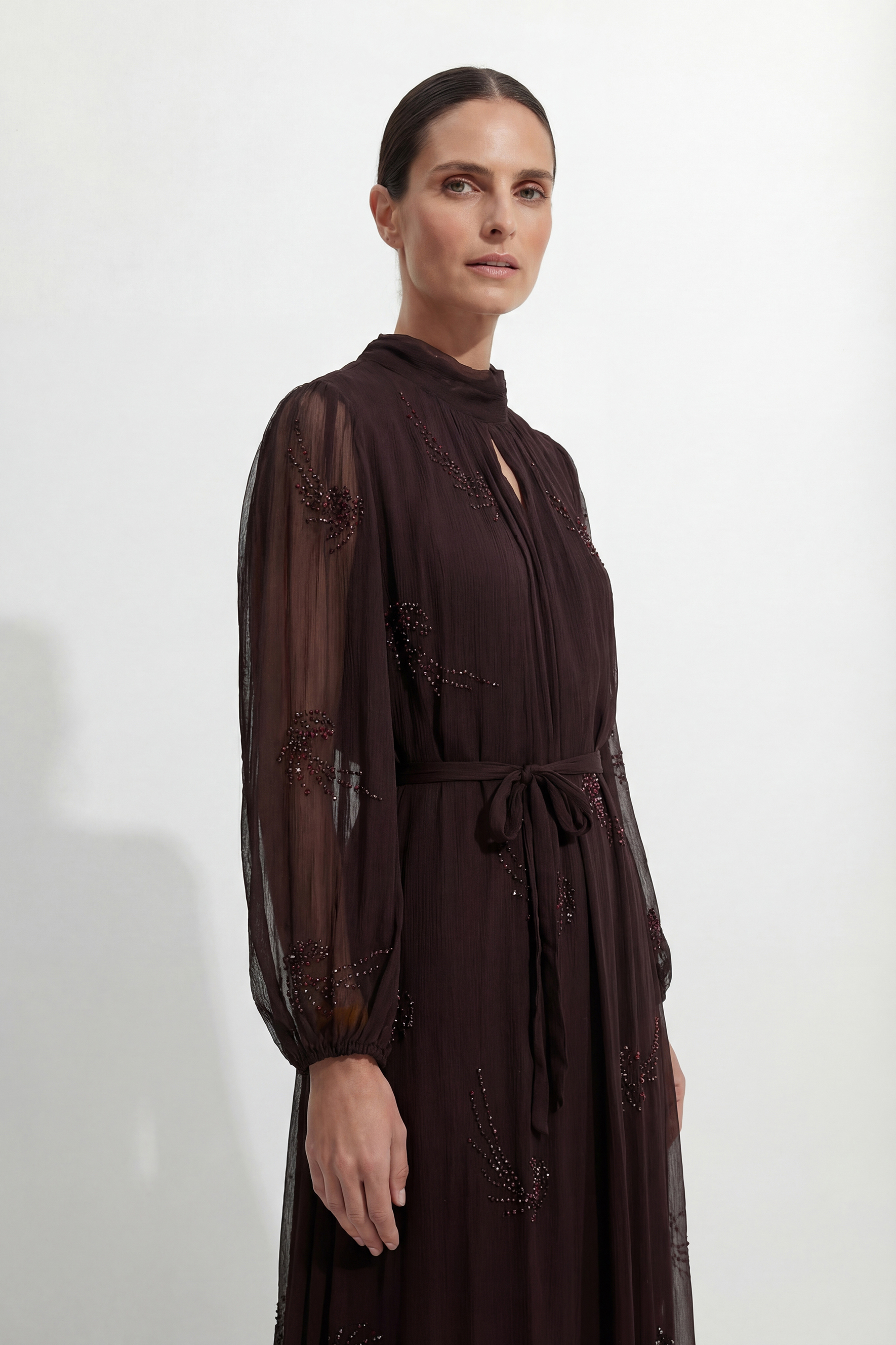 Slow Glamour Brown Rhinestone Embellished Silk Maxi Dress