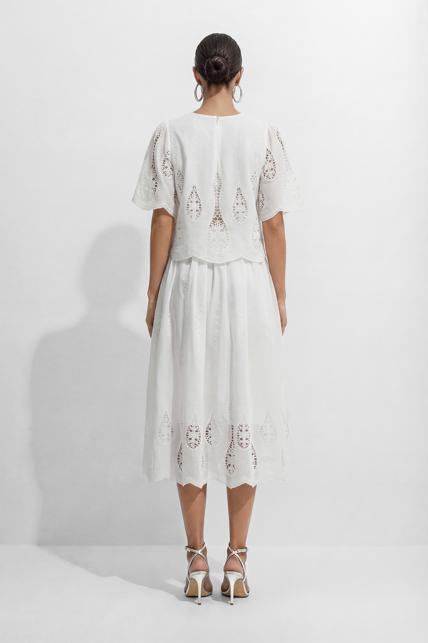 Simple Elegance White Hollow-Out Embroidery Top & Skirt Set