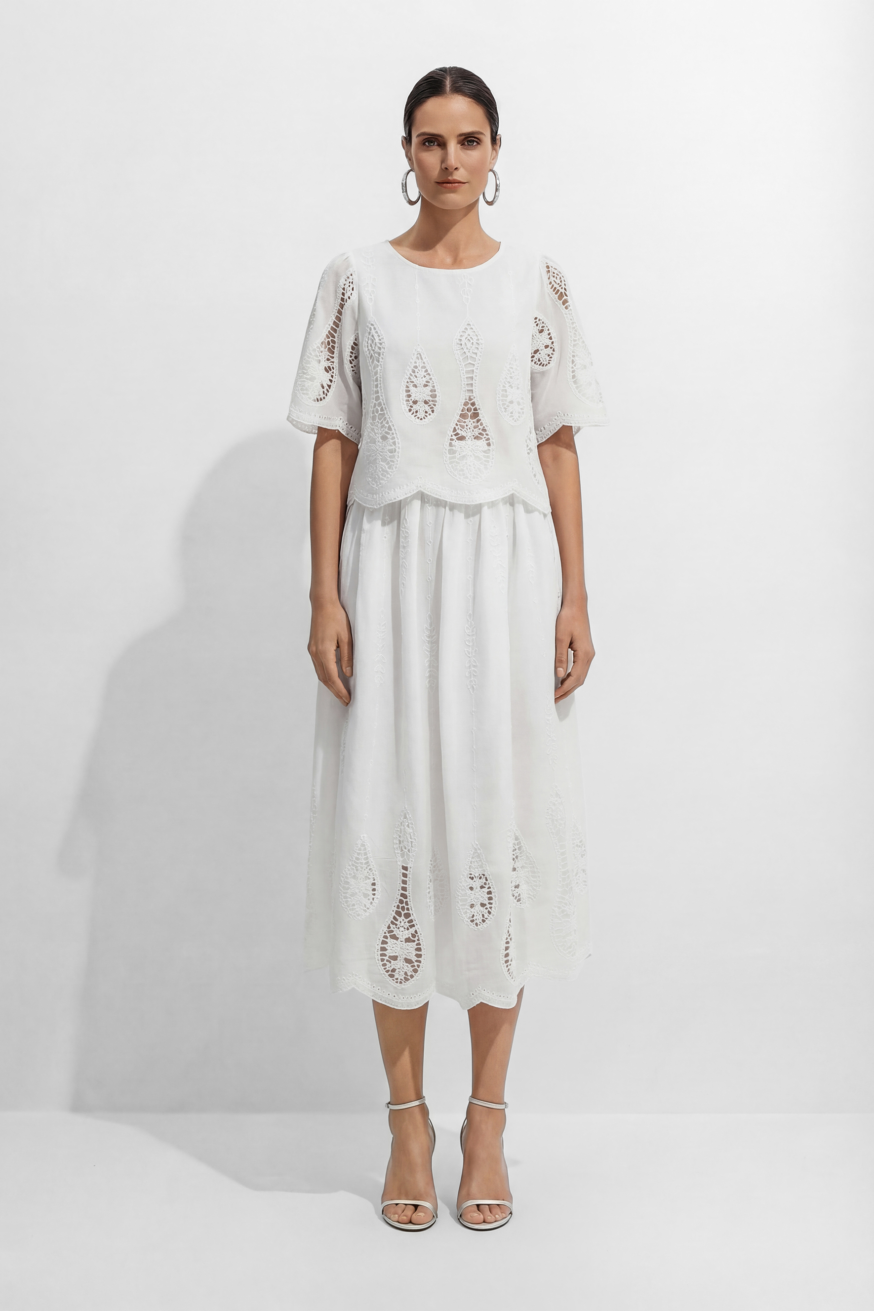 Simple Elegance White Hollow-Out Embroidery Top & Skirt Set