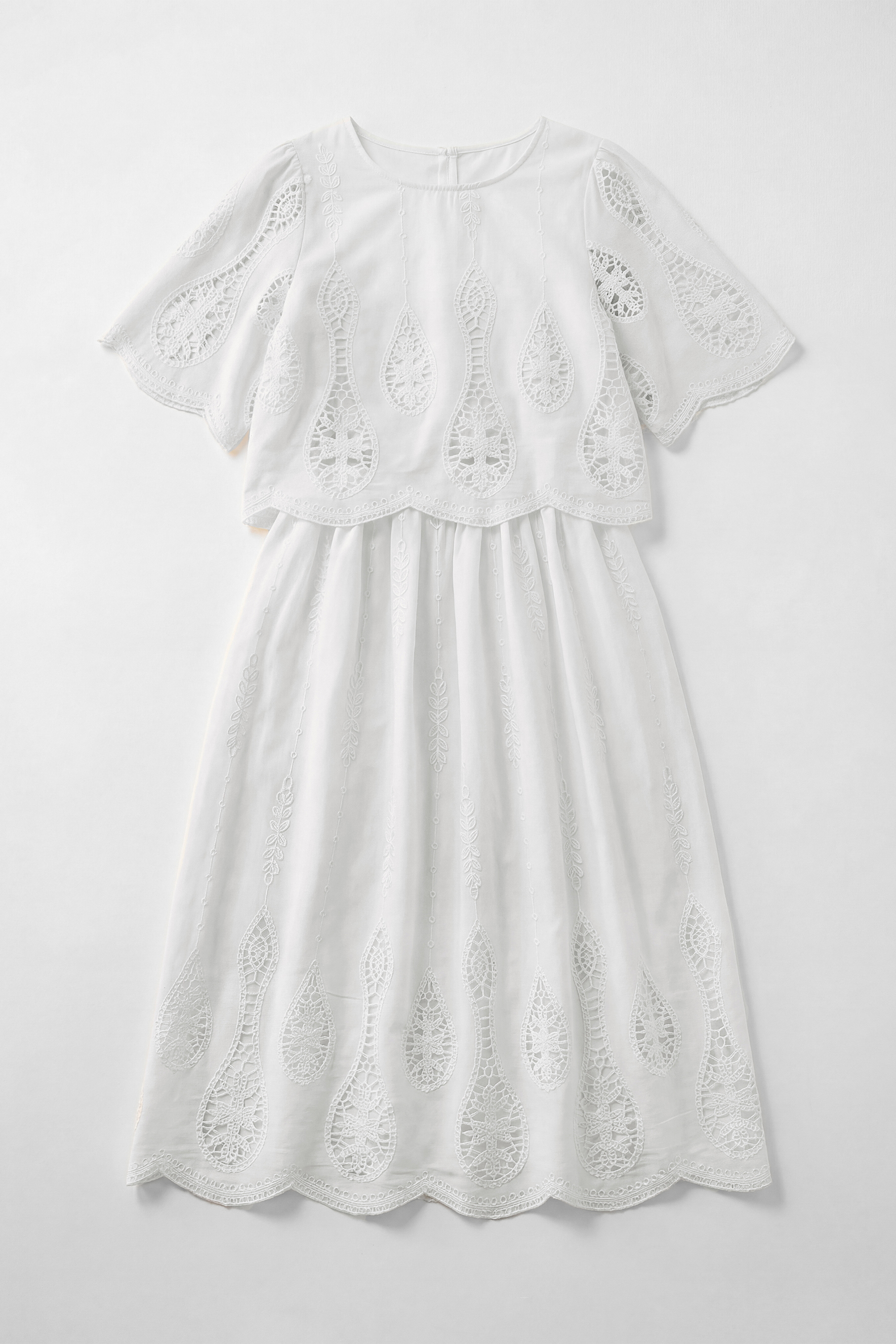 Simple Elegance White Hollow-Out Embroidery Top & Skirt Set