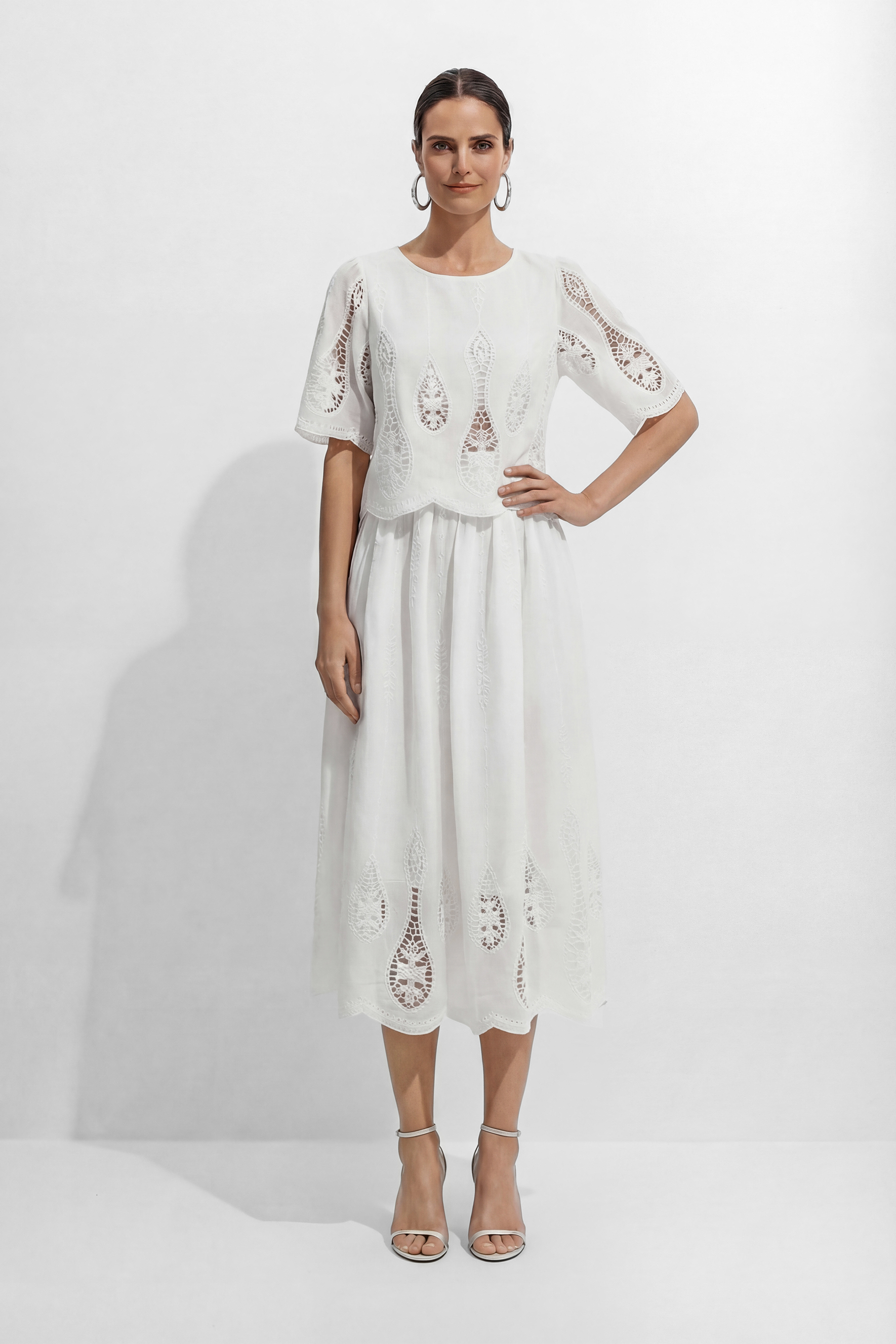Simple Elegance White Hollow-Out Embroidery Top & Skirt Set