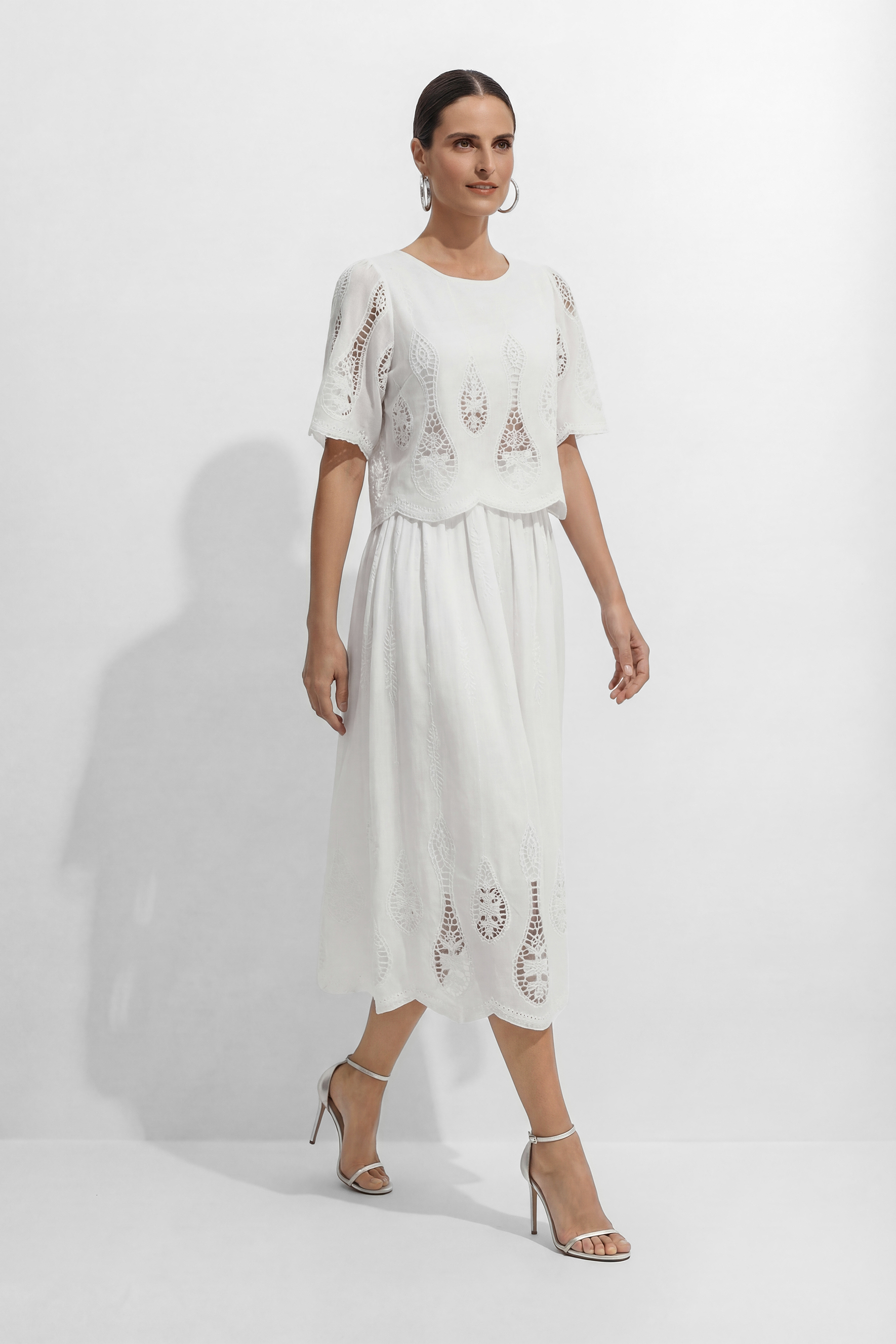 Simple Elegance White Hollow-Out Embroidery Top & Skirt Set