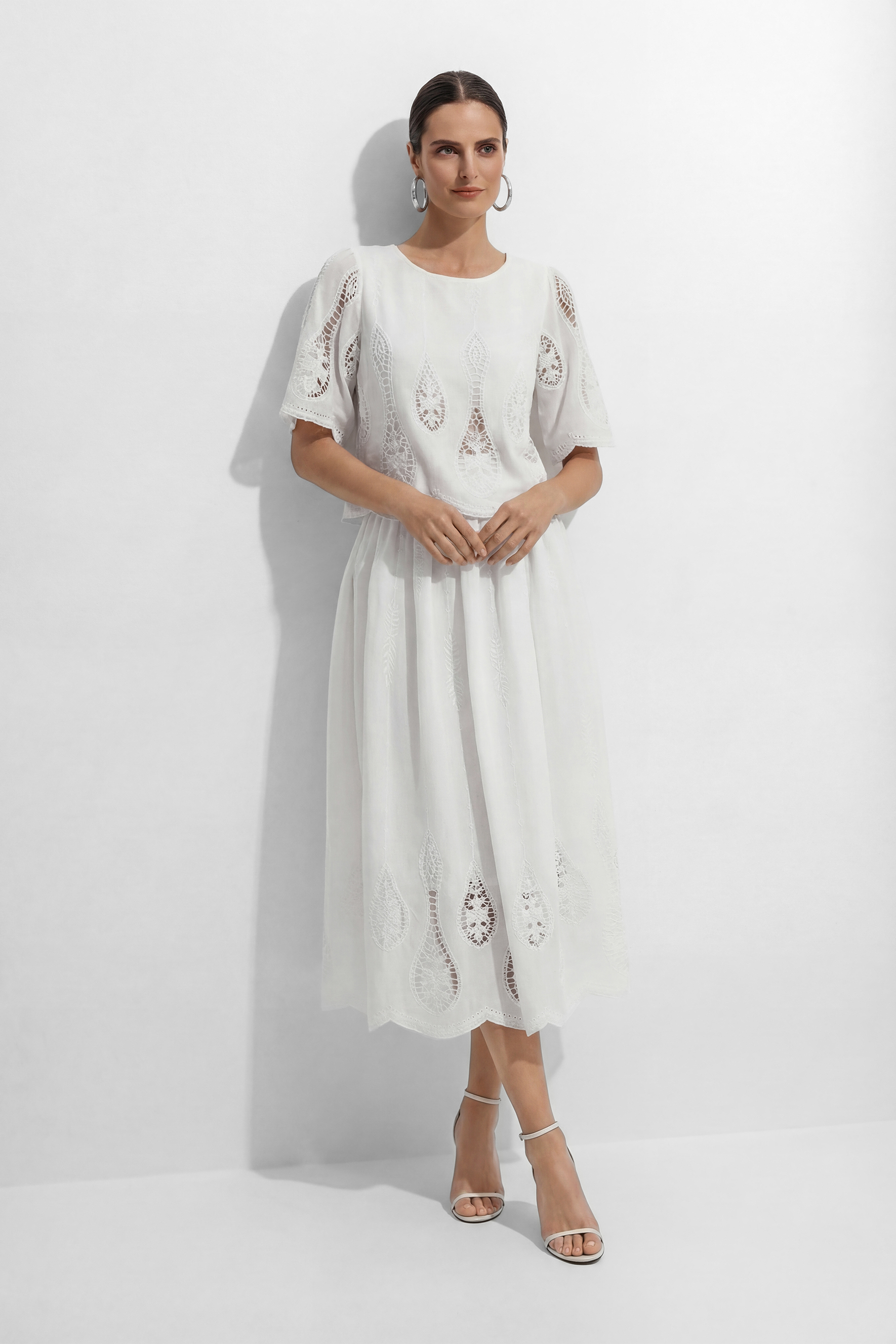 Simple Elegance White Hollow-Out Embroidery Top & Skirt Set