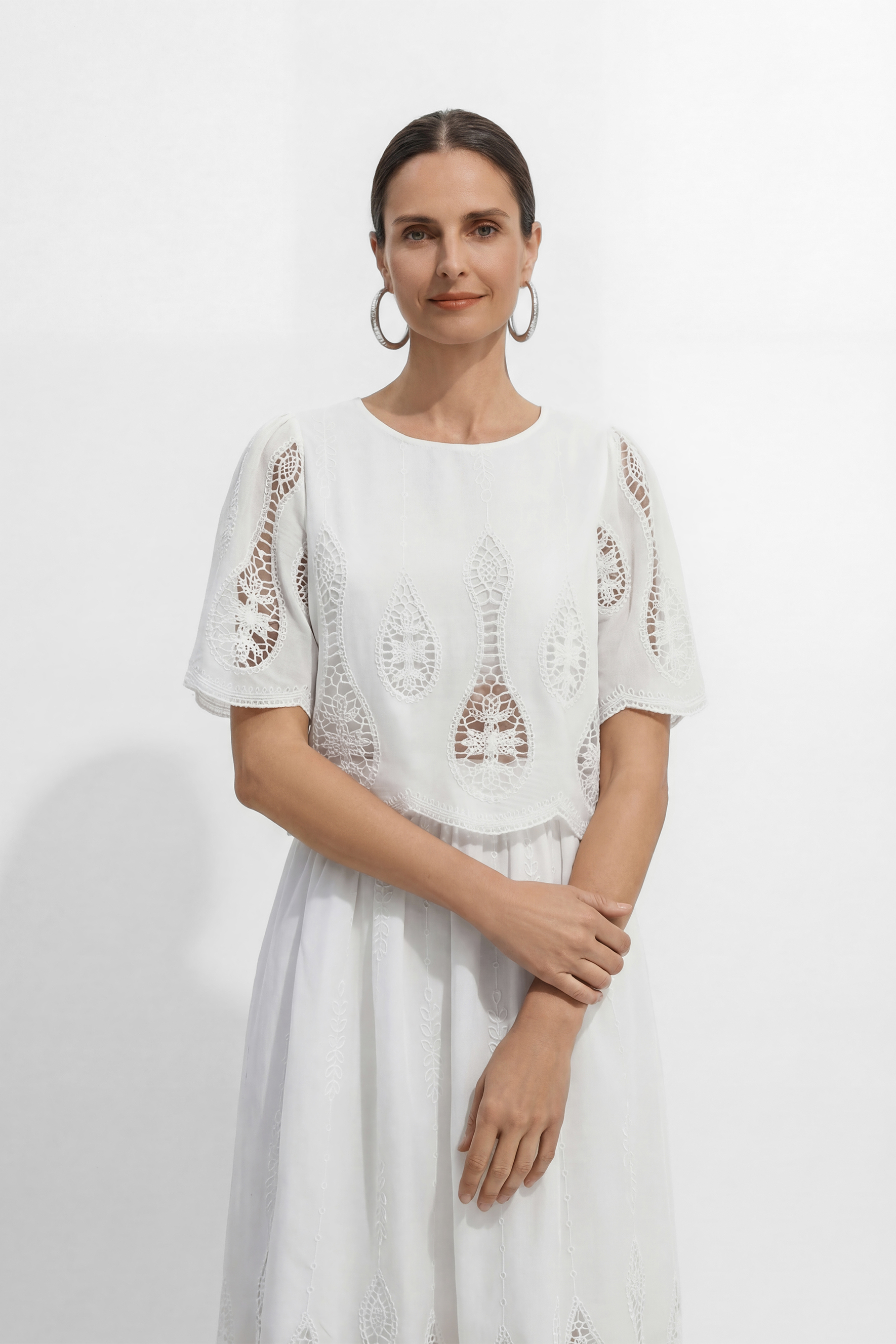 Simple Elegance White Hollow-Out Embroidery Top & Skirt Set