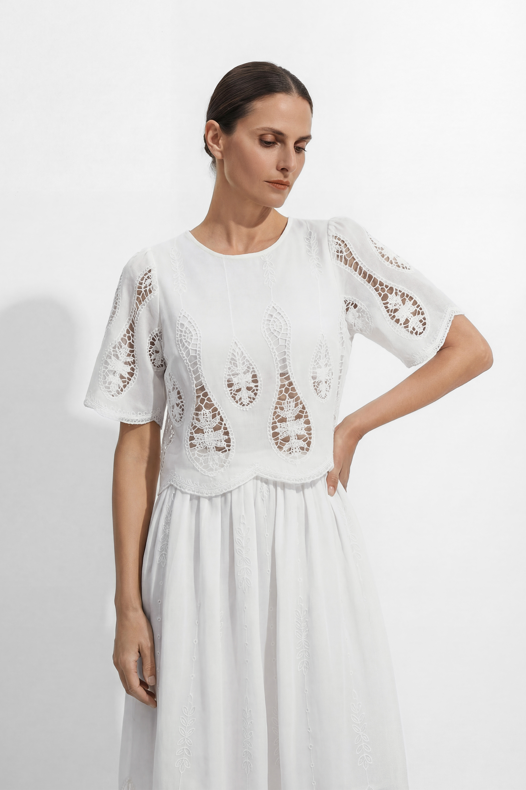 Simple Elegance White Hollow-Out Embroidery Top & Skirt Set