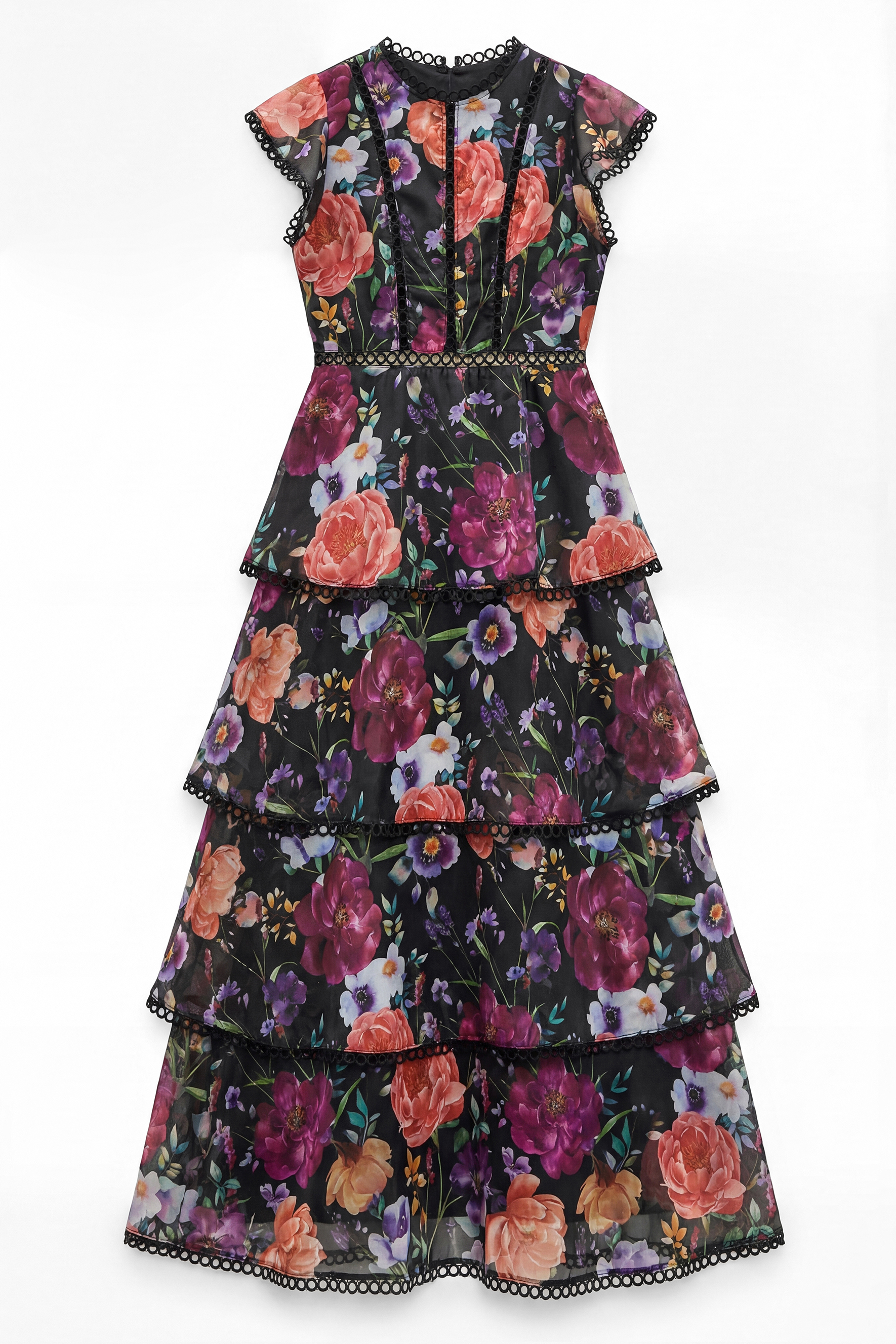 Bloom Dream Black Floral Print Tiered Ruffle Maxi Dress