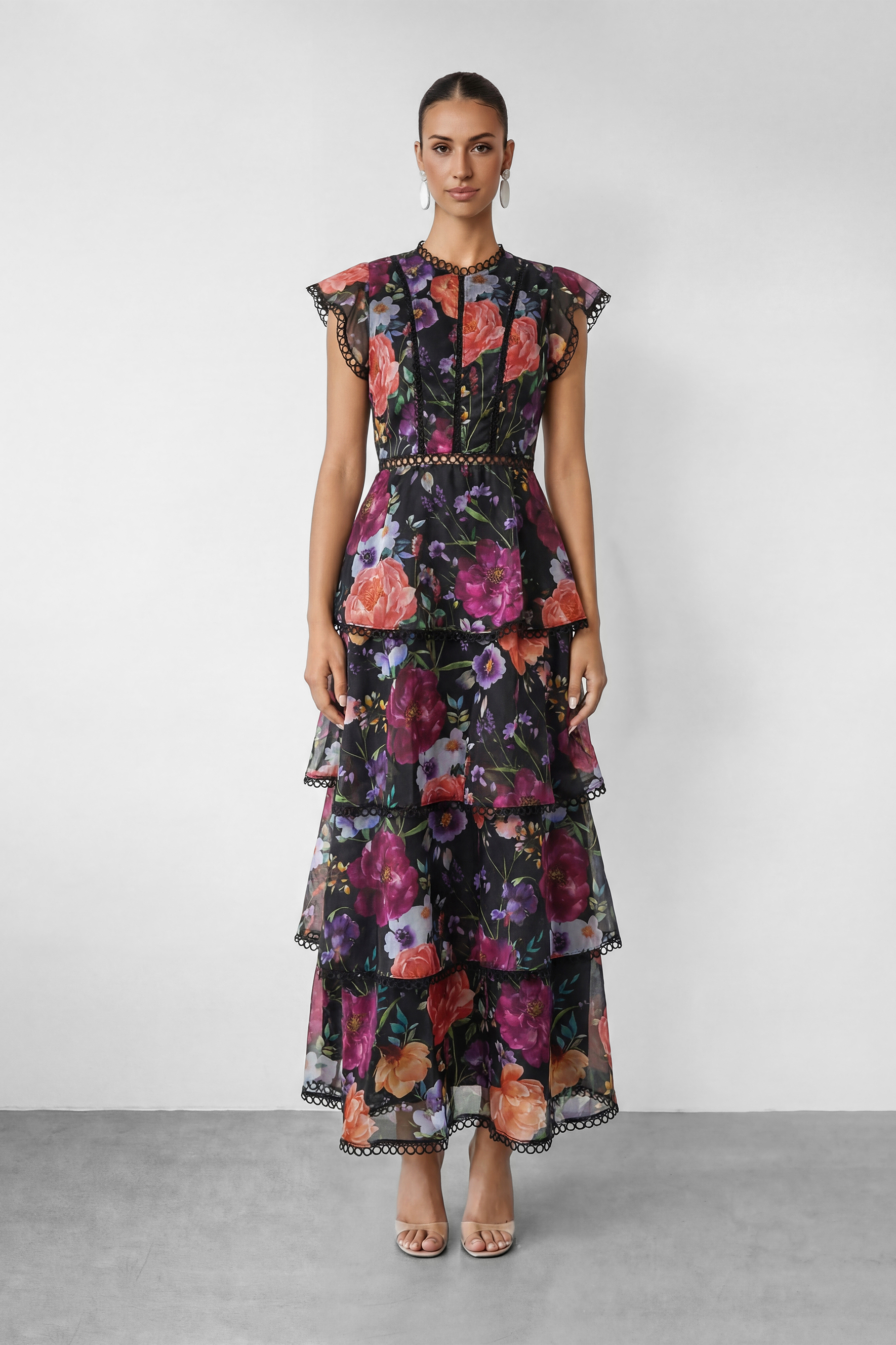 Bloom Dream Black Floral Print Tiered Ruffle Maxi Dress