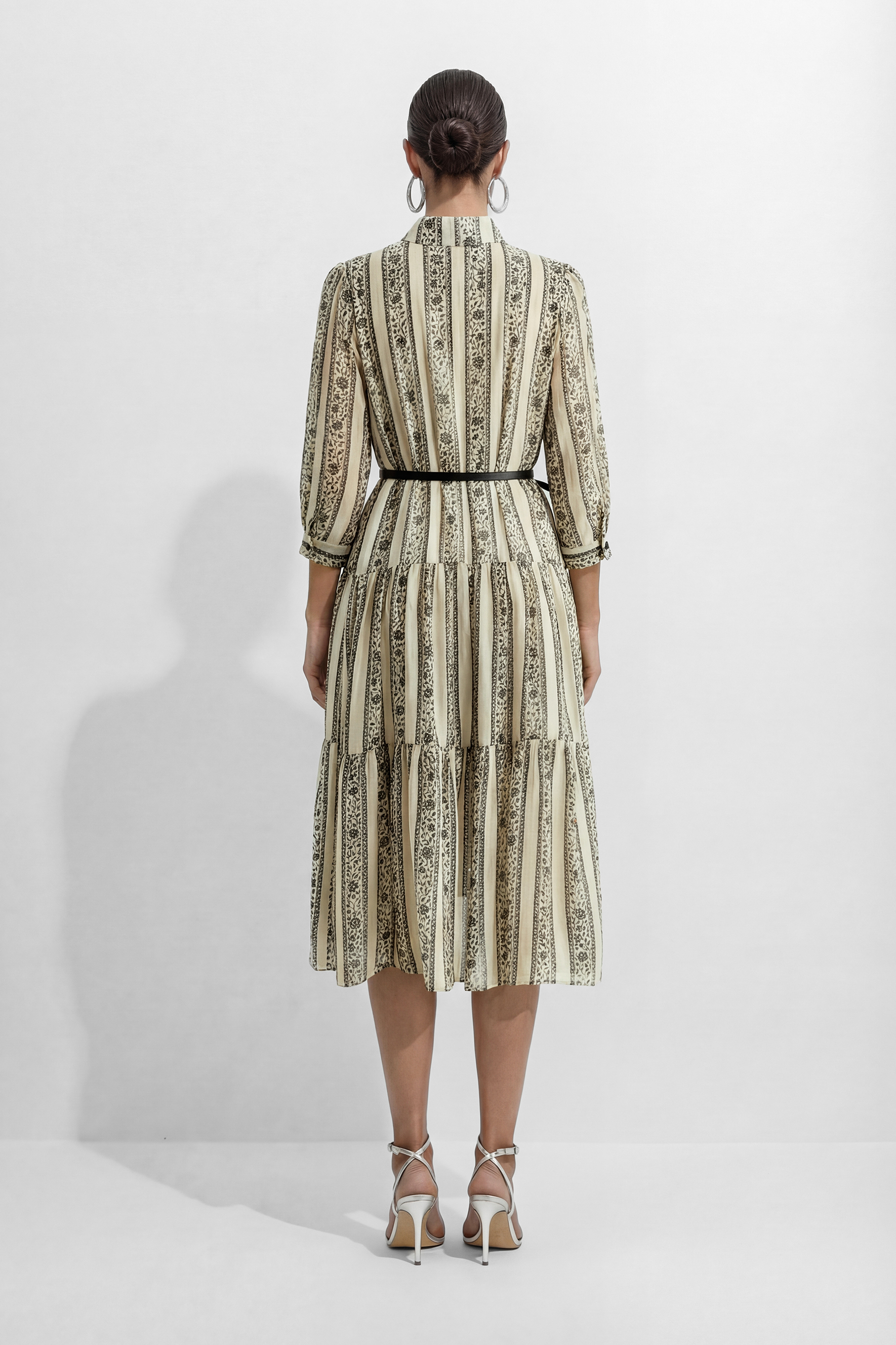 Moonlit Stroll Beige Striped Floral Print Midi Dress