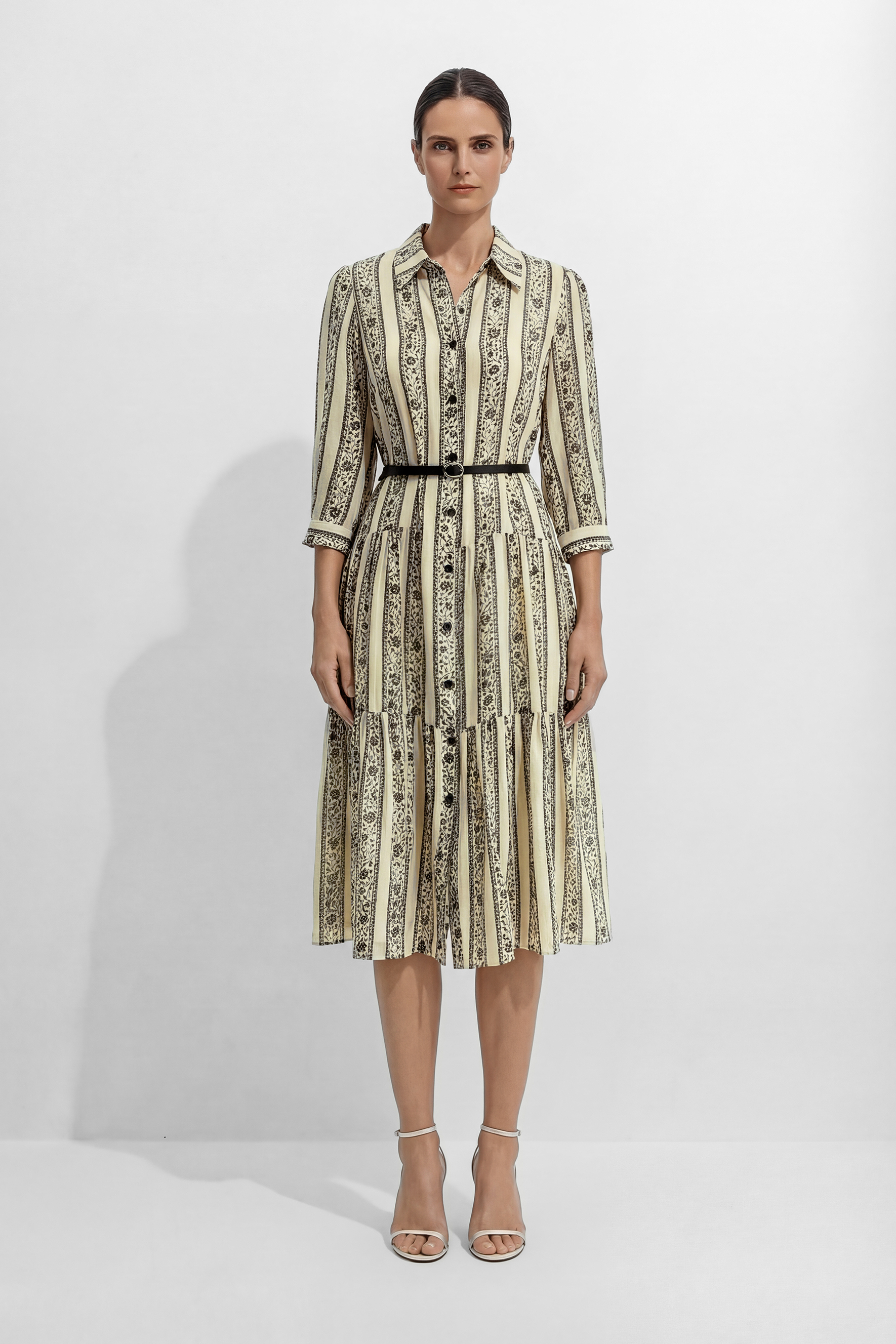 Moonlit Stroll Beige Striped Floral Print Midi Dress