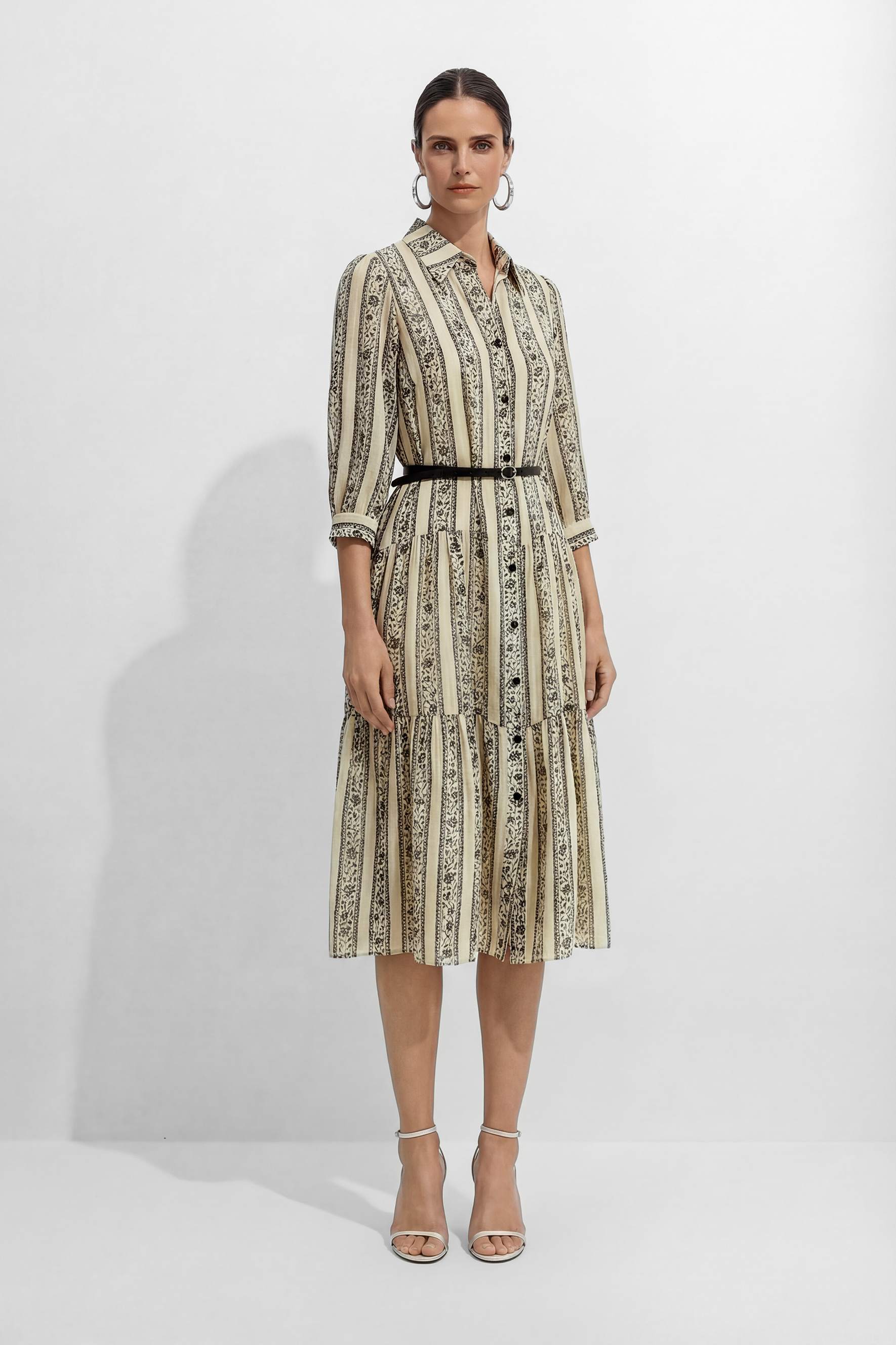 Moonlit Stroll Beige Striped Floral Print Midi Dress