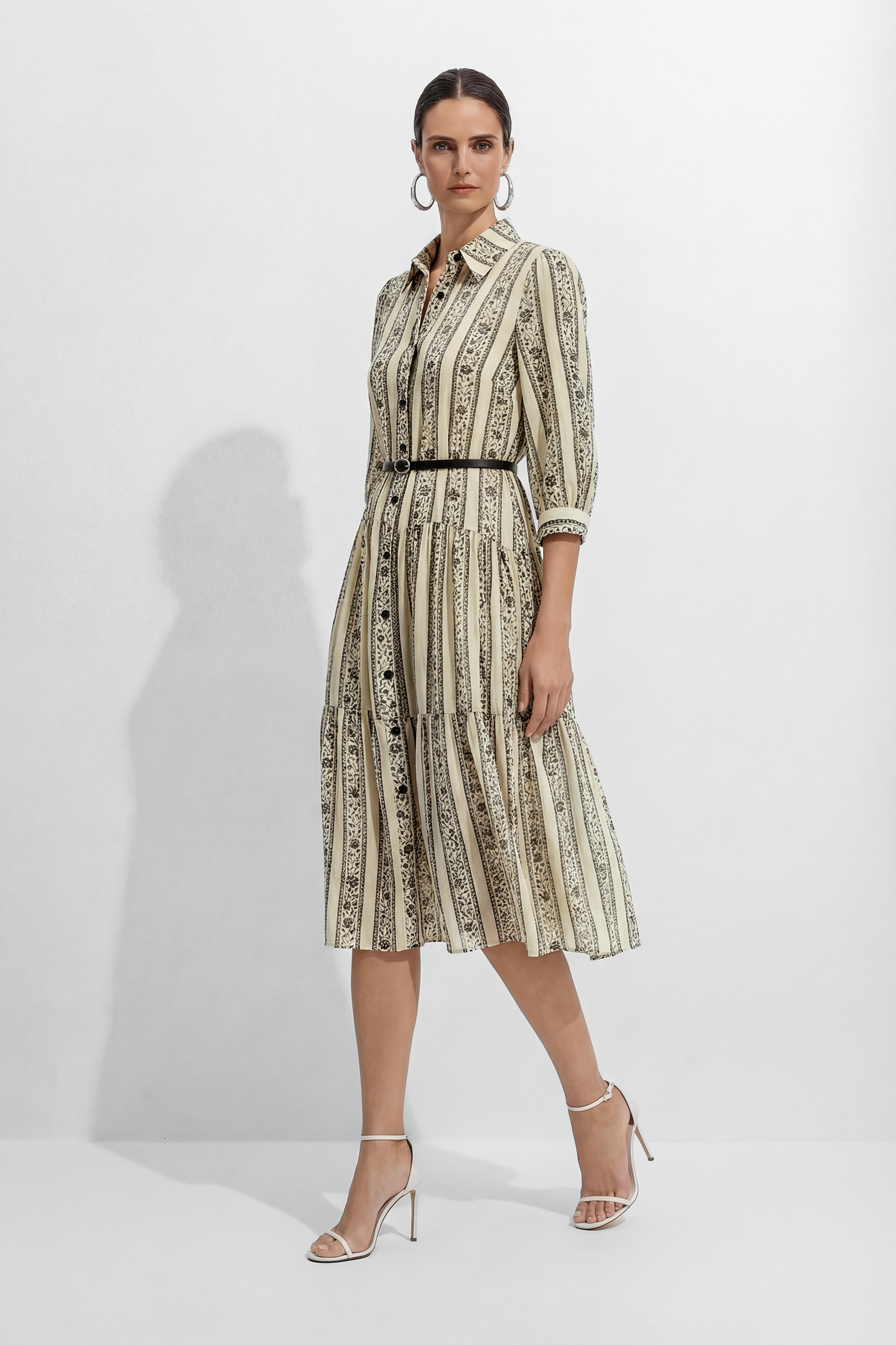 Moonlit Stroll Beige Striped Floral Print Midi Dress