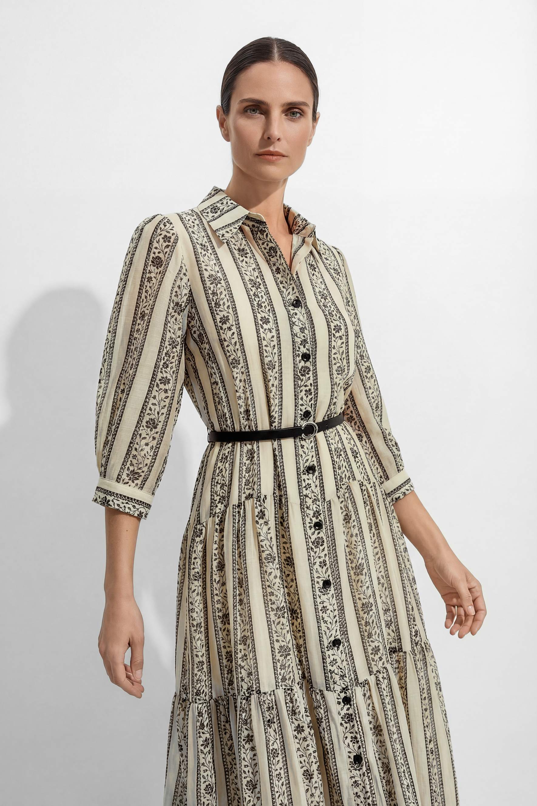 Moonlit Stroll Beige Striped Floral Print Midi Dress