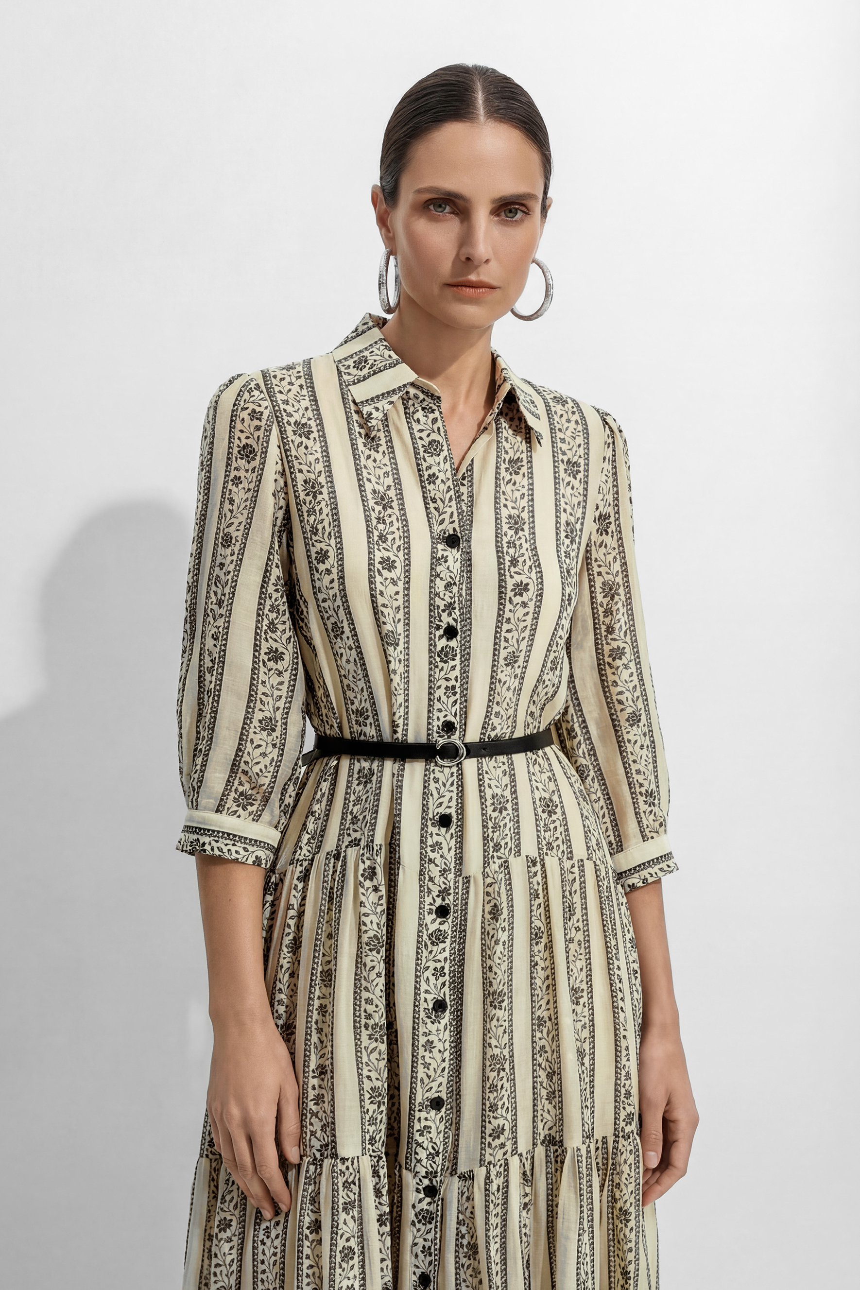 Moonlit Stroll Beige Striped Floral Print Midi Dress