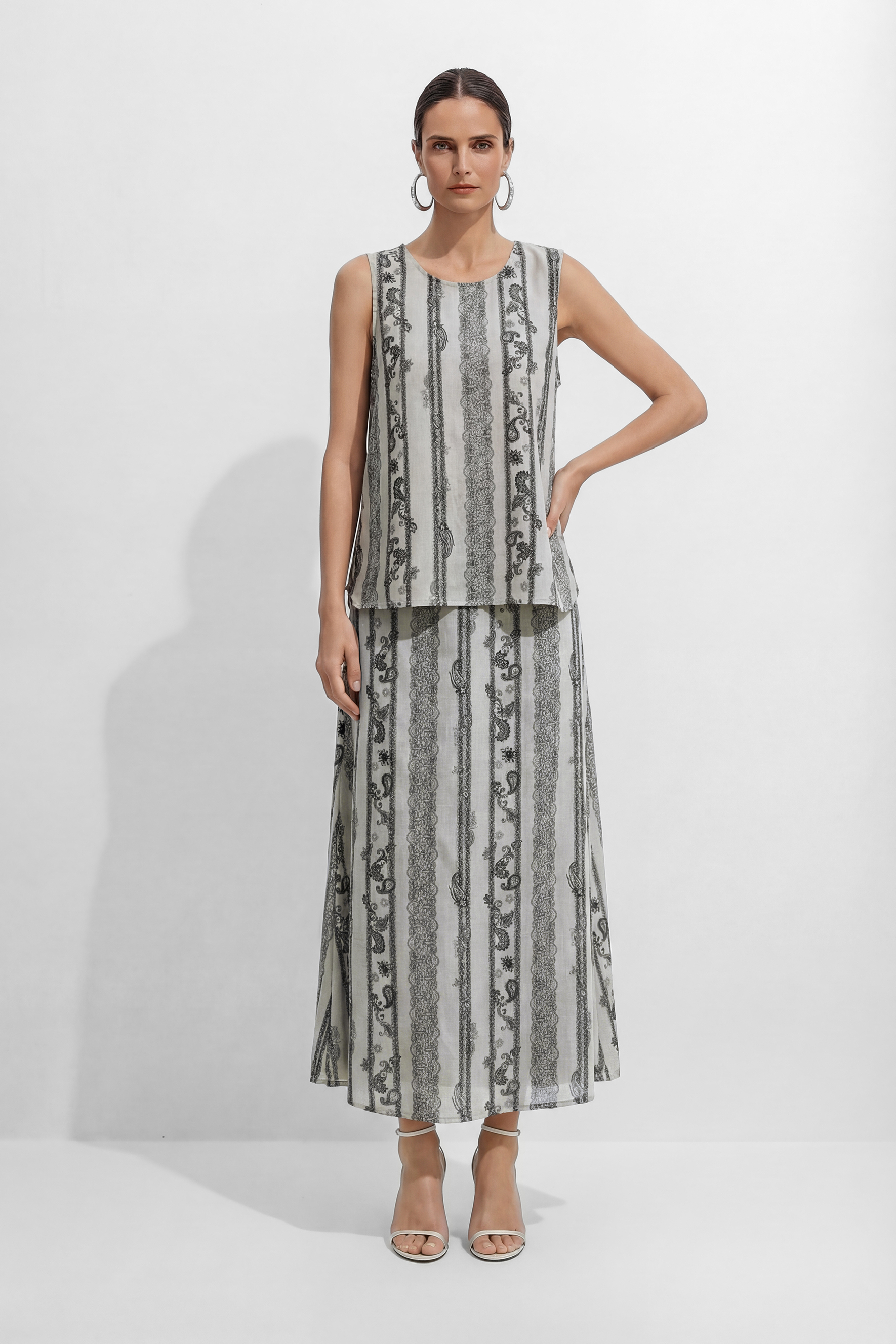 Softly Defined Beige Stripe Paisley Print Top & Skirt Set