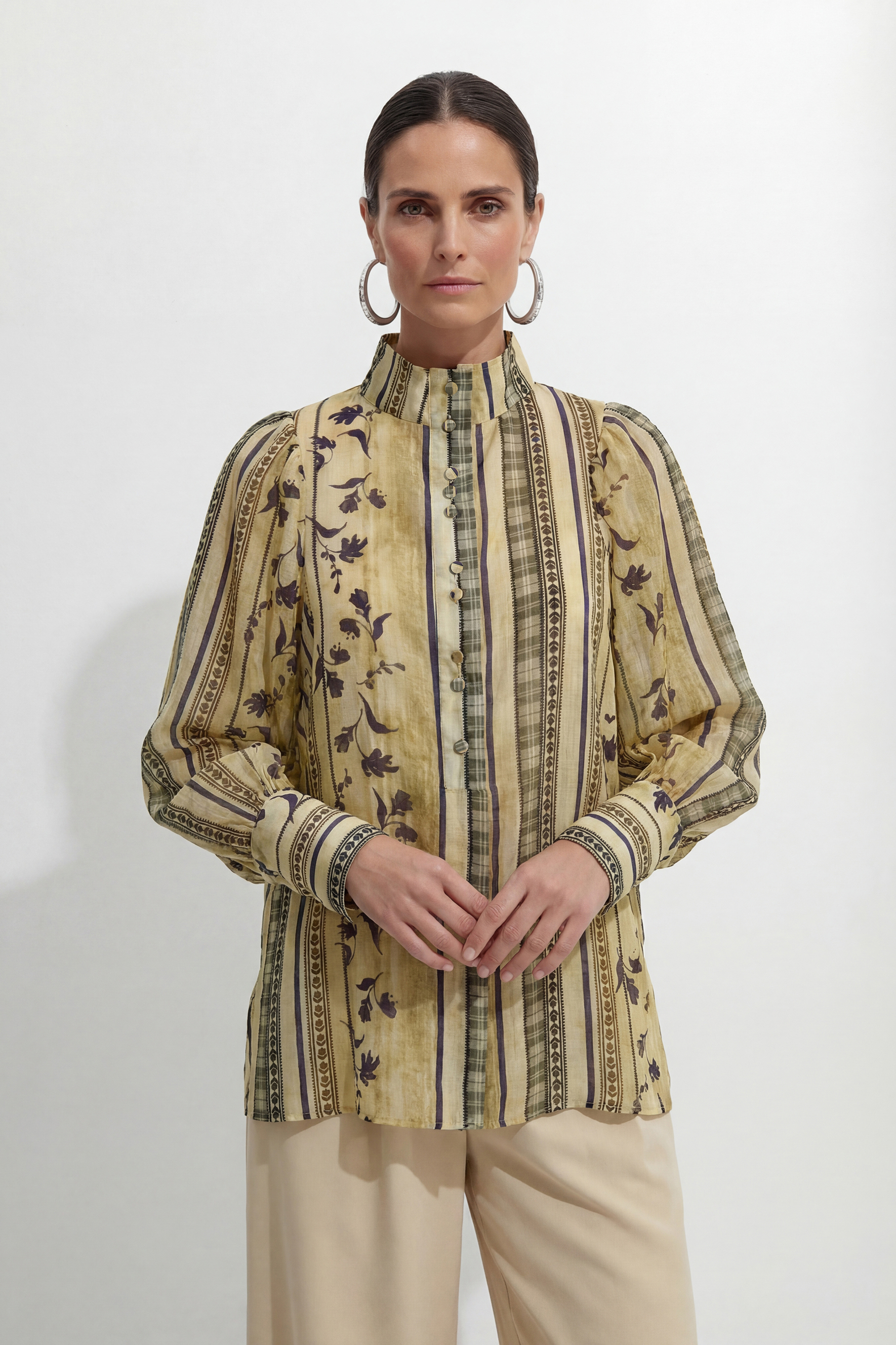 A Moment In Spring Khaki Floral Print Puff Sleeve Blouse