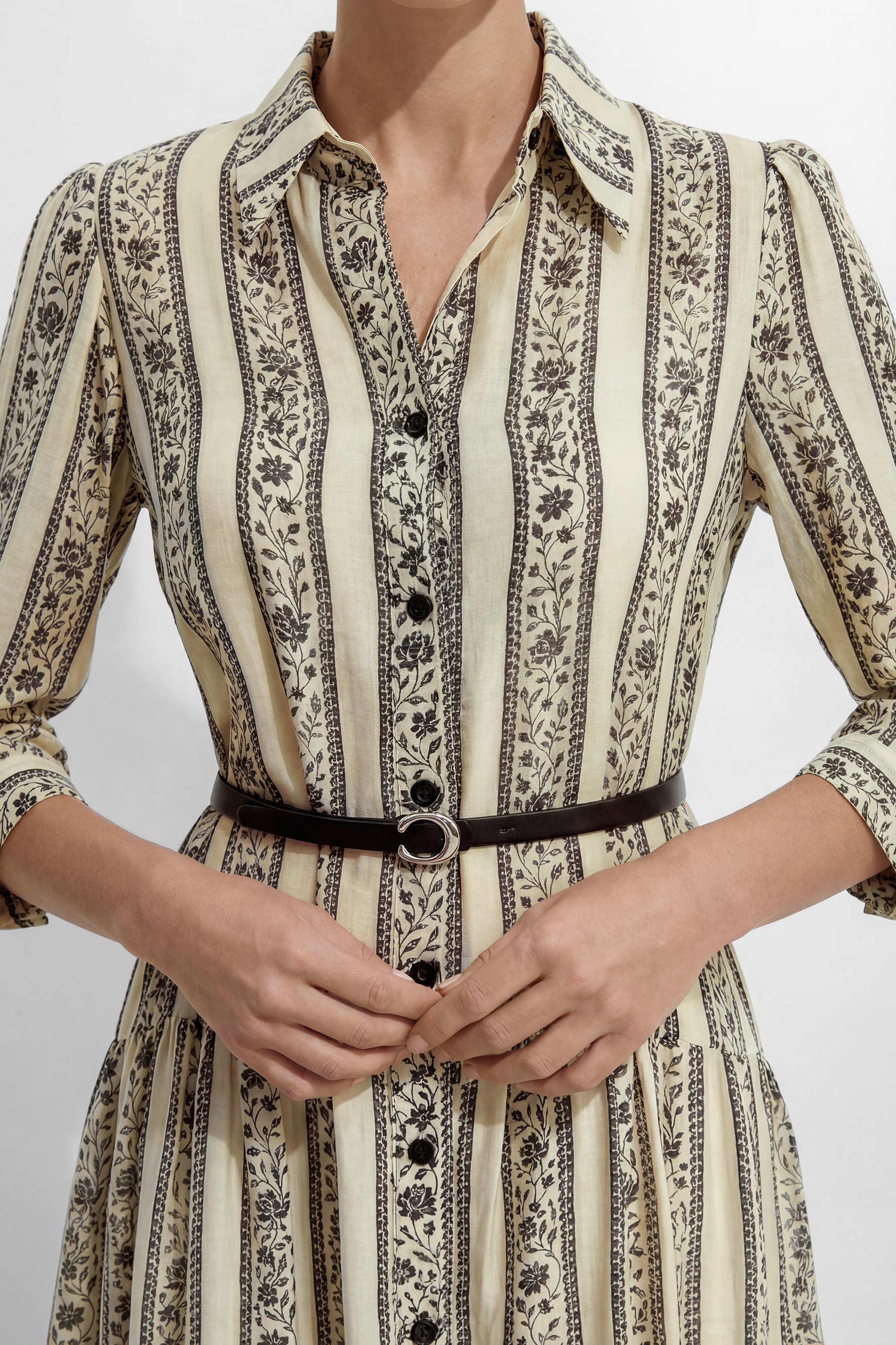 Moonlit Stroll Beige Striped Floral Print Midi Dress